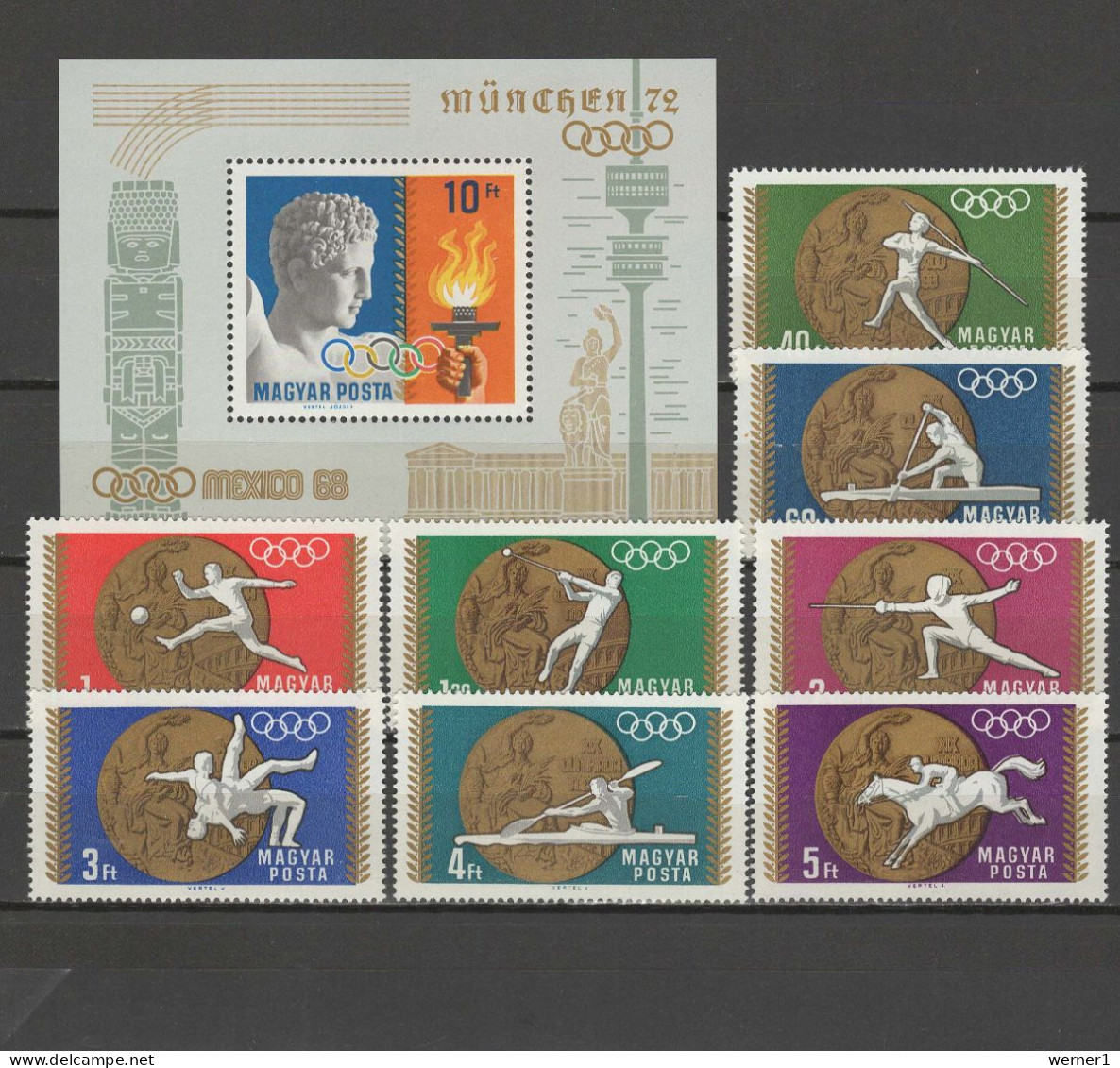 Hungary 1969 Olympic Games Mexico, Football Soccer, Athletics, Equestrian, Wrestling, Fencing Etc. Set Of 8 + S/s MNH - Ete 1968: Mexico