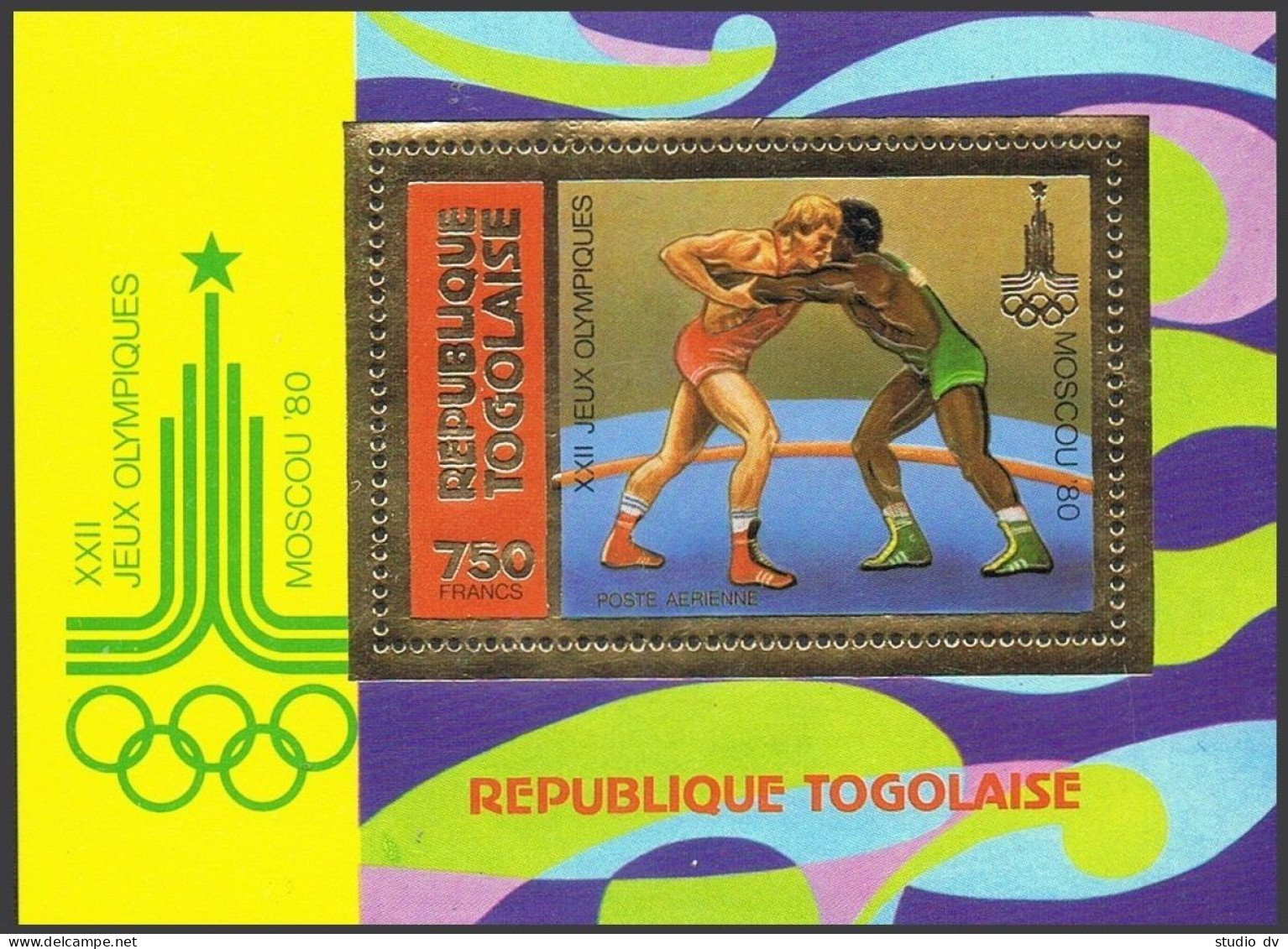 Togo C415aC Gold, MNH. Michel 1430 Bl.155A. Olympics Moscow-1980. Wrestling. - Togo (1960-...)