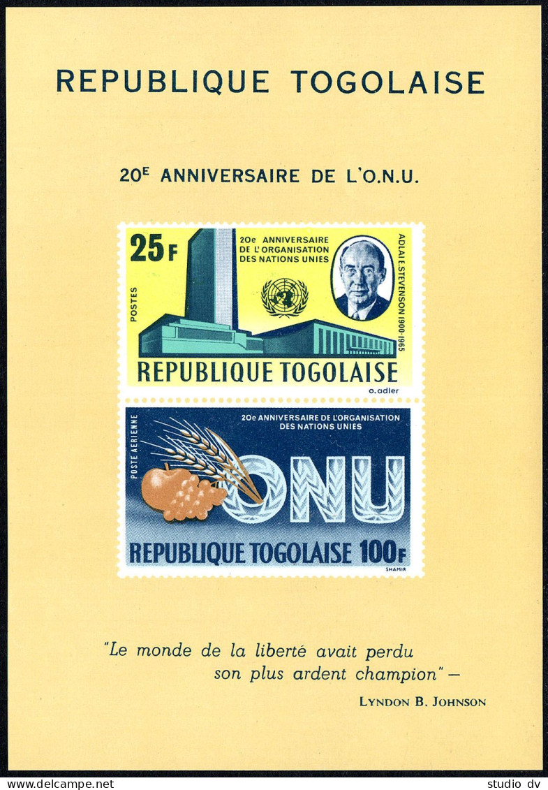 Togo C48a Sheet, MNH. Mi Bl.22. UN-20,1965. Adlai E.Stevenson, UN Headquarters. - Togo (1960-...)