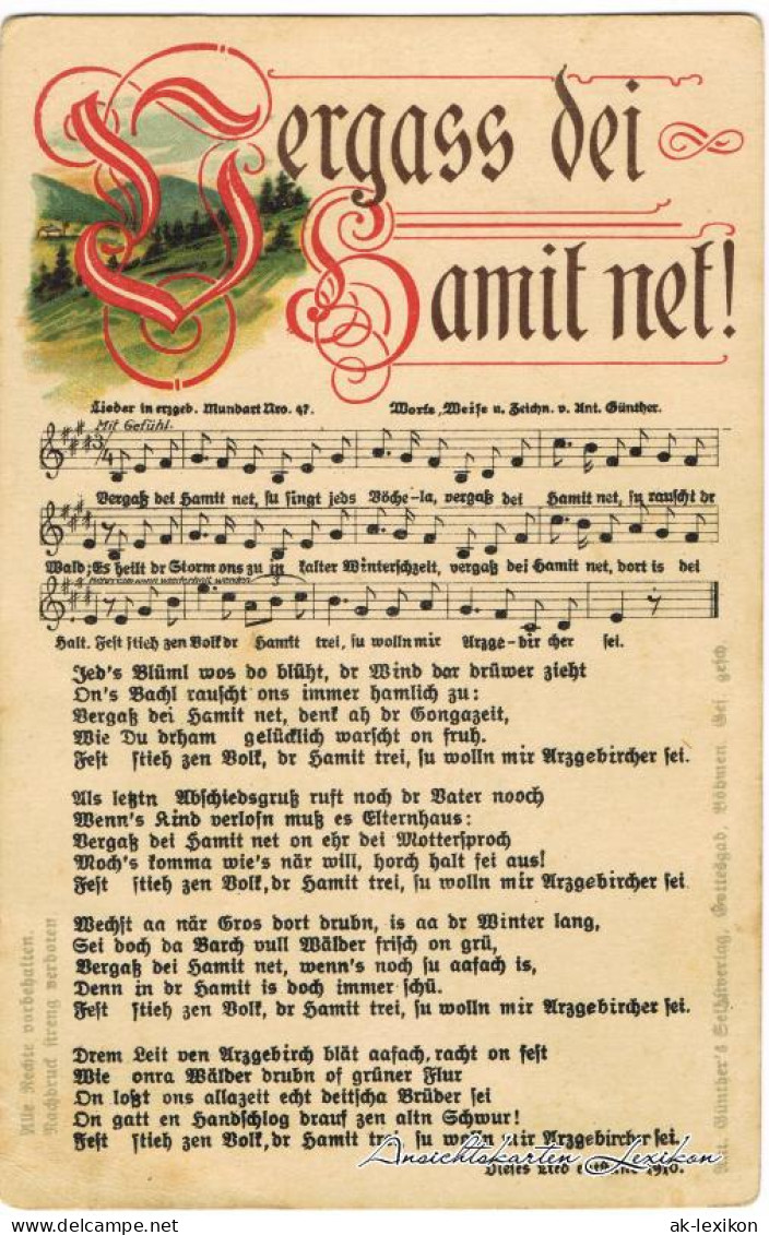  Liedkarte - Vergass Dei Hamit Net! 1906 Erzgebirge, Anton Günther Gottesgab:47  - Musik