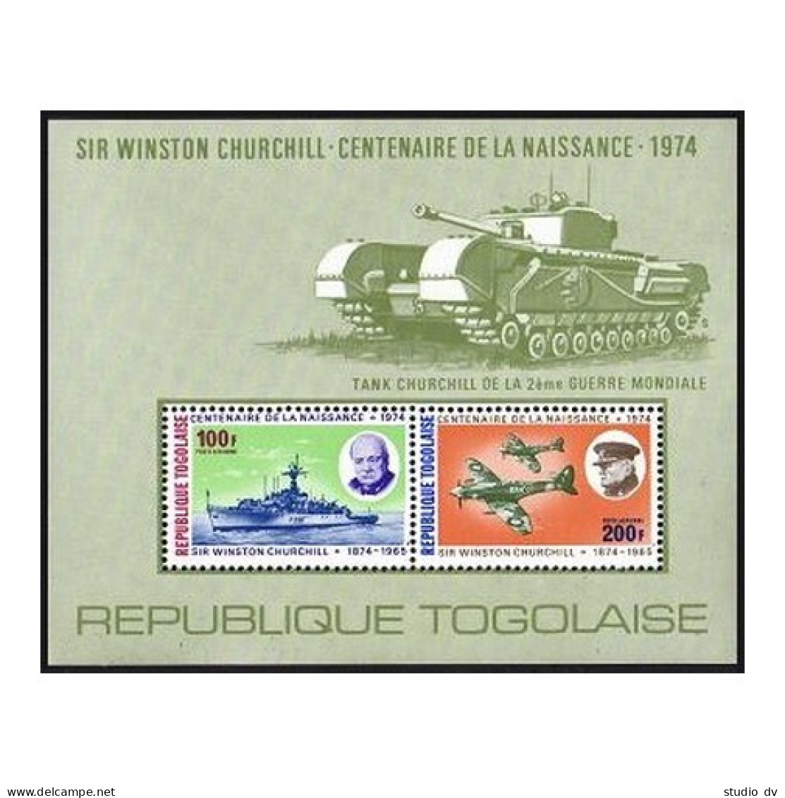 Togo C241a Sheet, MNH. Mi Bl.92B. Sir Winston Churchill, 1974. Frigate,Fighter,  - Togo (1960-...)