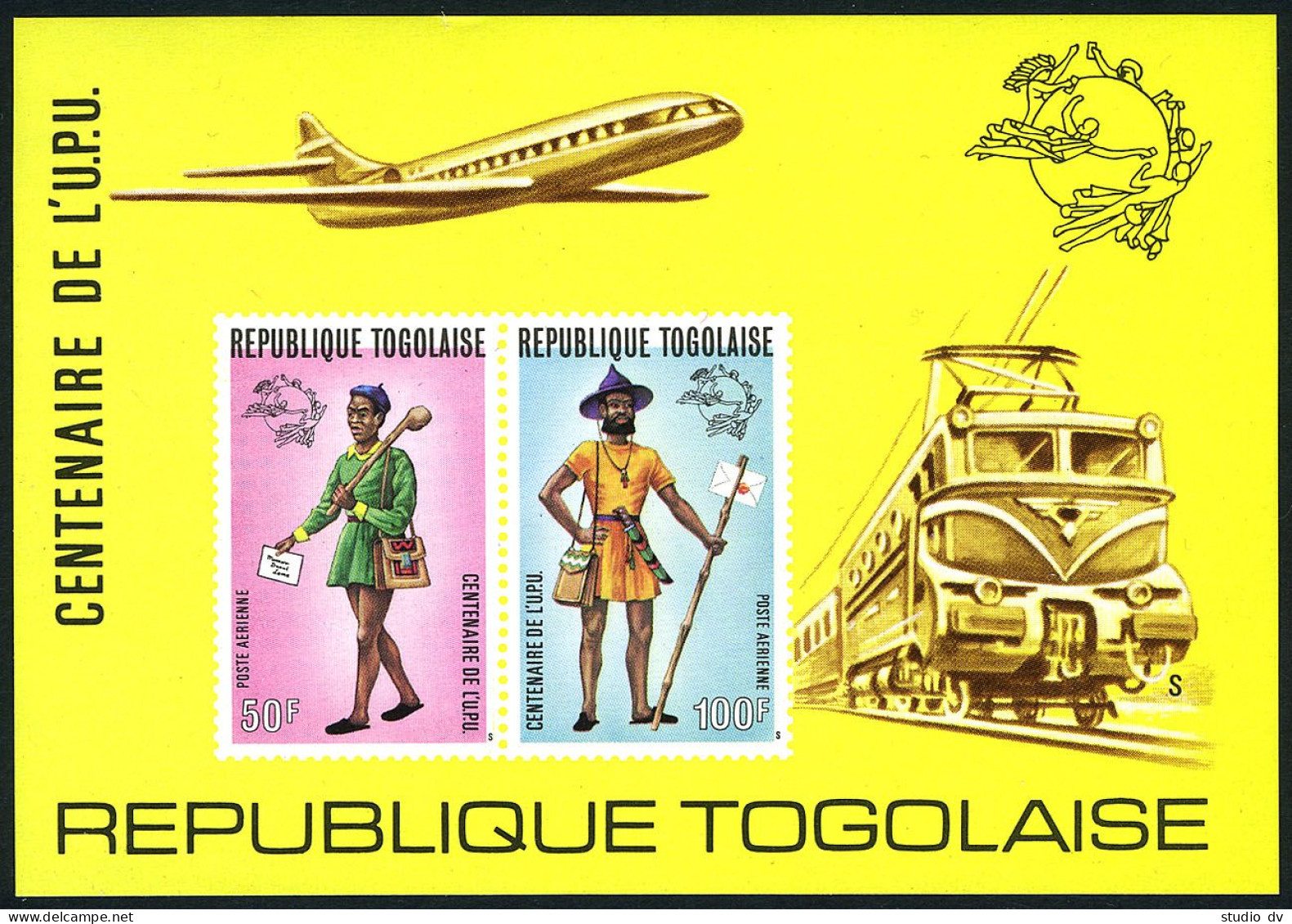 Togo 873-C223,C223a Sheet,MNH. UPU-100,1974.Mailman-uniforms,Plane,Locomotive. - Togo (1960-...)