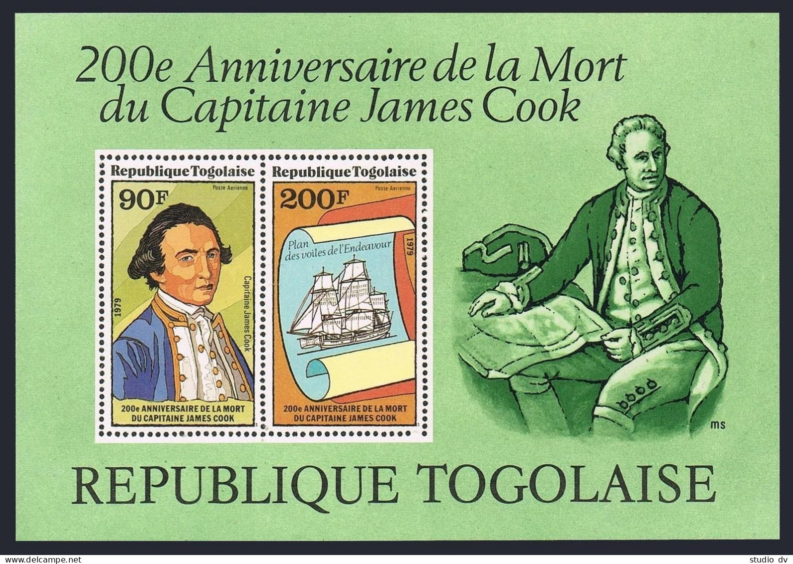 Togo C374a Sheet, MNH. Michel Bl.140. Captain James Cook, 1979. Map, Ships. - Togo (1960-...)