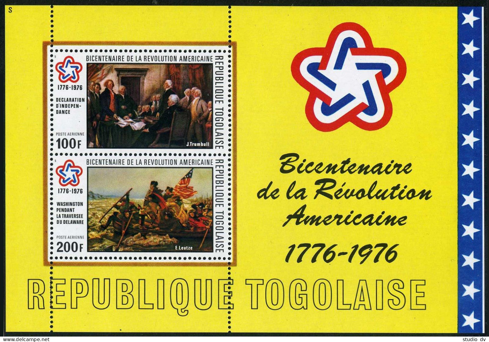 Togo C273a Perf.imperf.MNH.Michel Bl.101A-101B. USA-200,1976.Paintings:Trumbull, - Togo (1960-...)