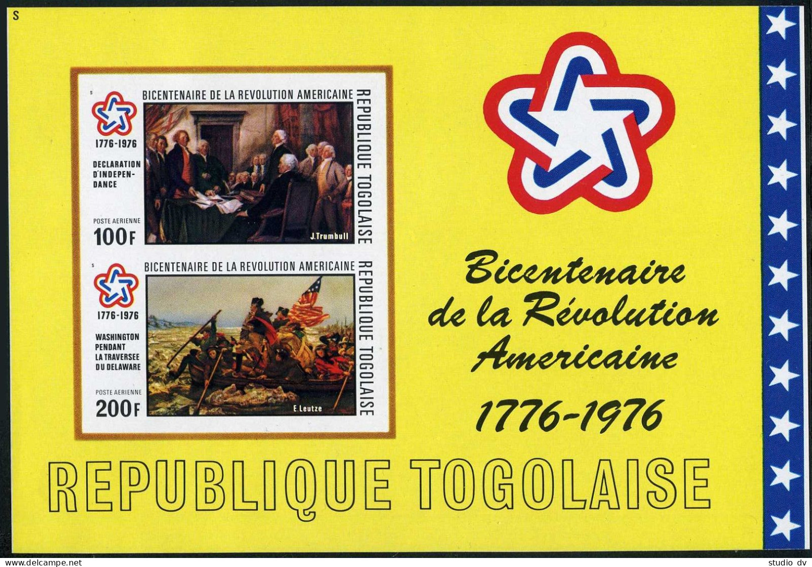 Togo C273a Perf.imperf.MNH.Michel Bl.101A-101B. USA-200,1976.Paintings:Trumbull, - Togo (1960-...)
