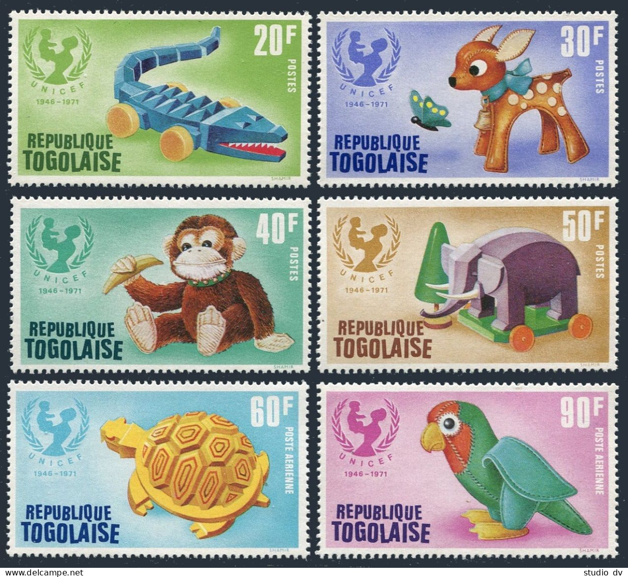 Togo 794-C168,C168a,MNH.Mi 896-901,Bl.60. UNICEF 1971.Toys:animals,turtle,parrot - Togo (1960-...)