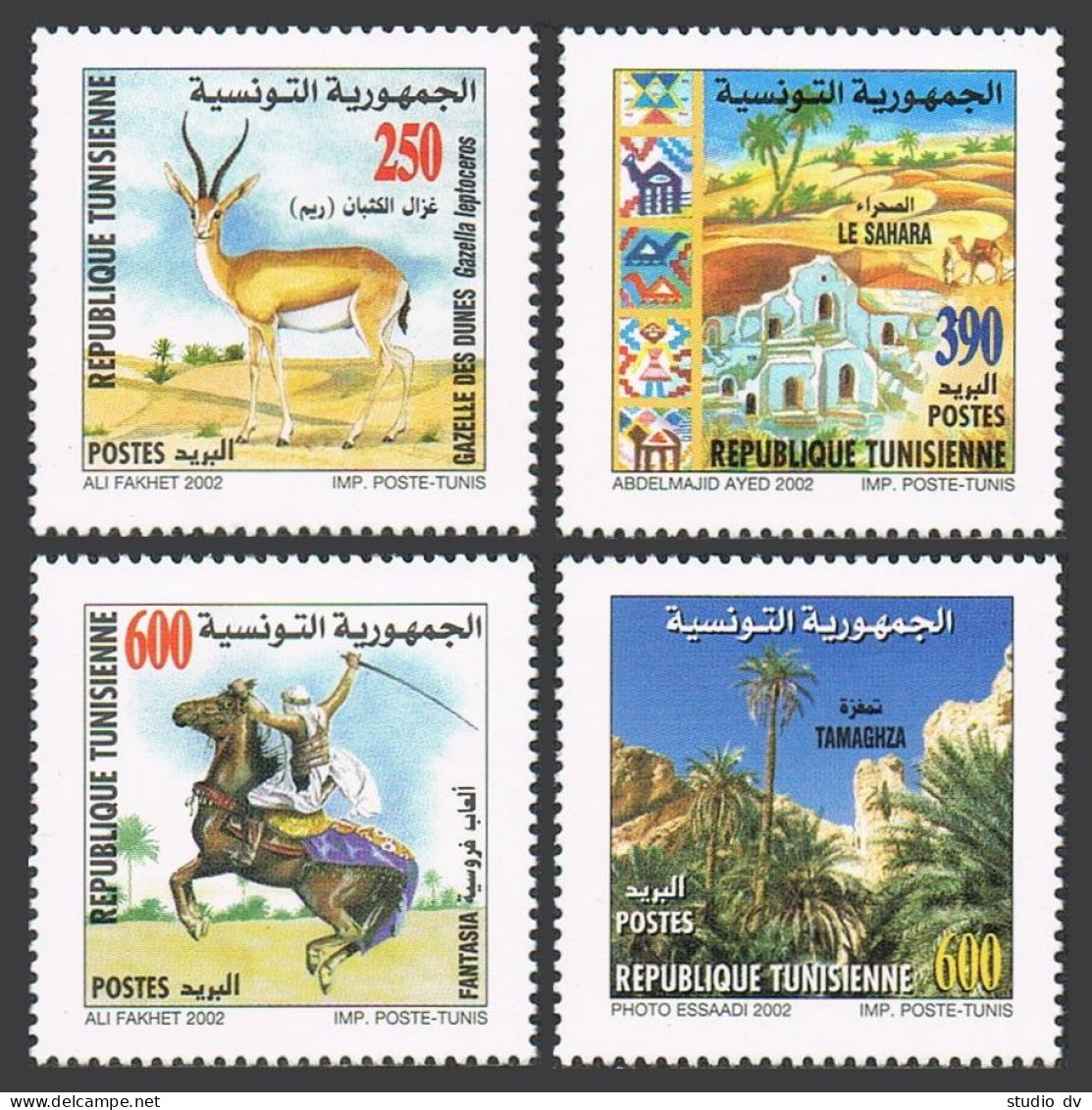 Tunisia 1285-1288,1289 Sheet,MNH. Sahara Desert Tourism,2002.Gazella,Horseman, - Tunisie (1956-...)