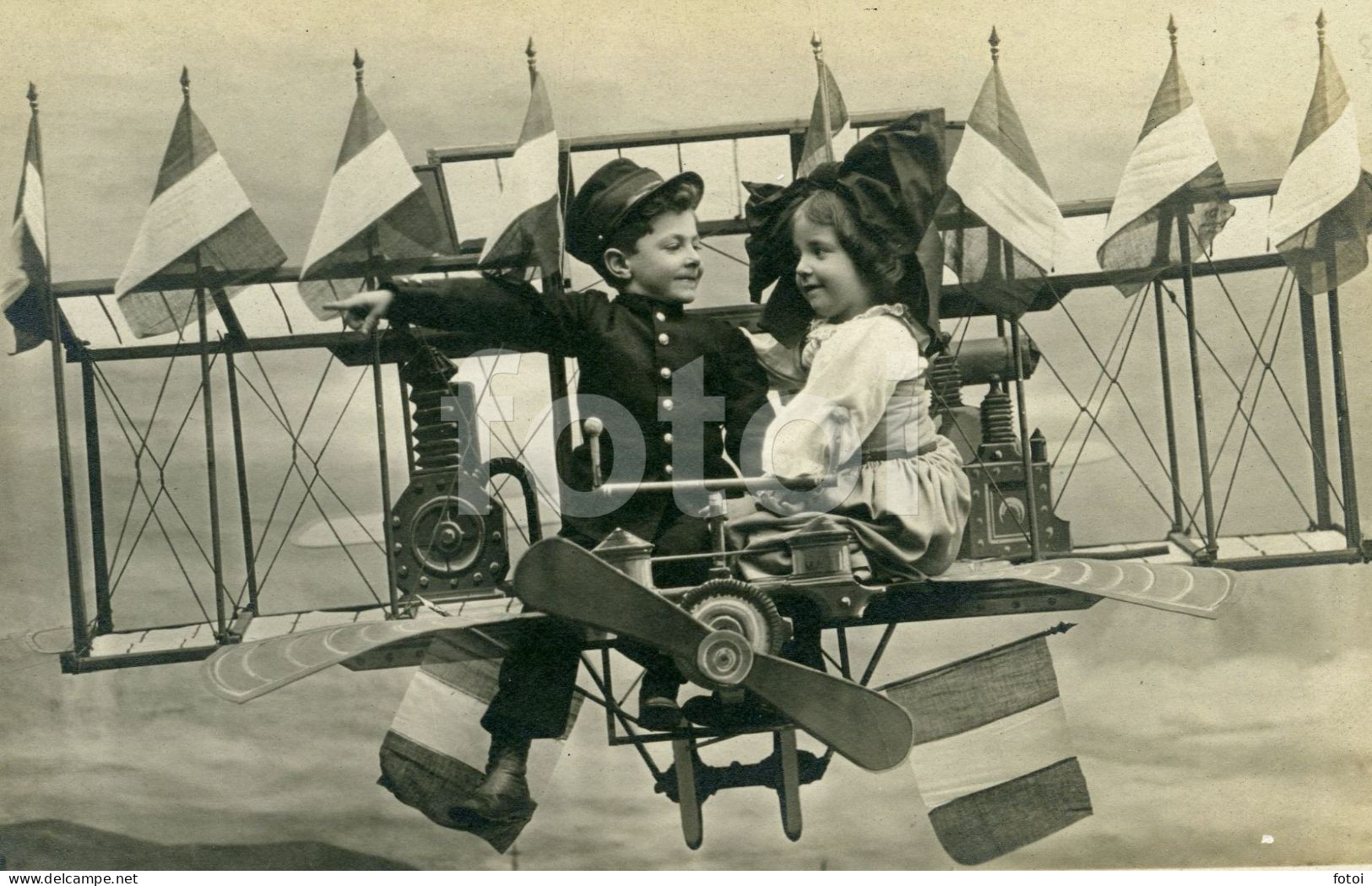 Real Photo Foto Postcard Children Alsatian Costume Military Aircraft Pilots Decorated French Flags Avion Plane France - ....-1914: Voorlopers