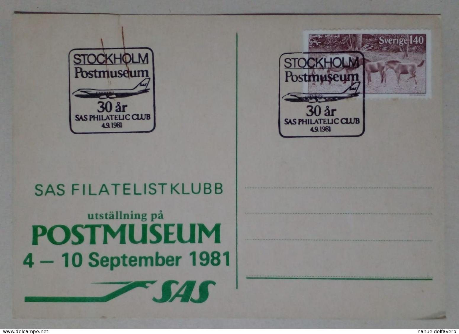Suède - Carte Postale Thème Aéronautique Avec Timbres Thème Chevaux (1981) - 1946-....: Era Moderna