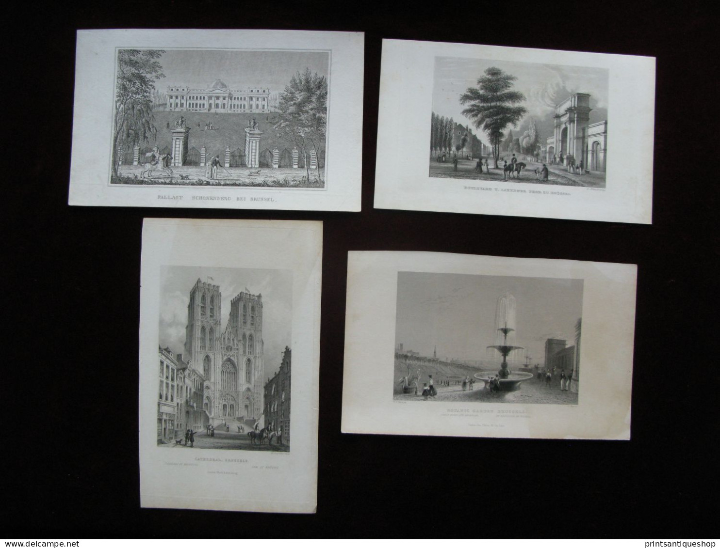 Belgium 4x Original Antique Engraving Brussels Shonenberg Palace Cathedral - Prints & Engravings