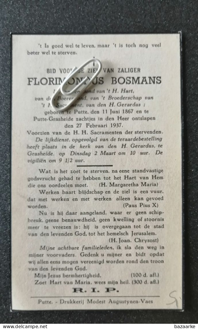 FLORIMONDUS BOSMANS ° PUTTE 1867 + PUTTE - GRASHEIDE 1937 - Images Religieuses