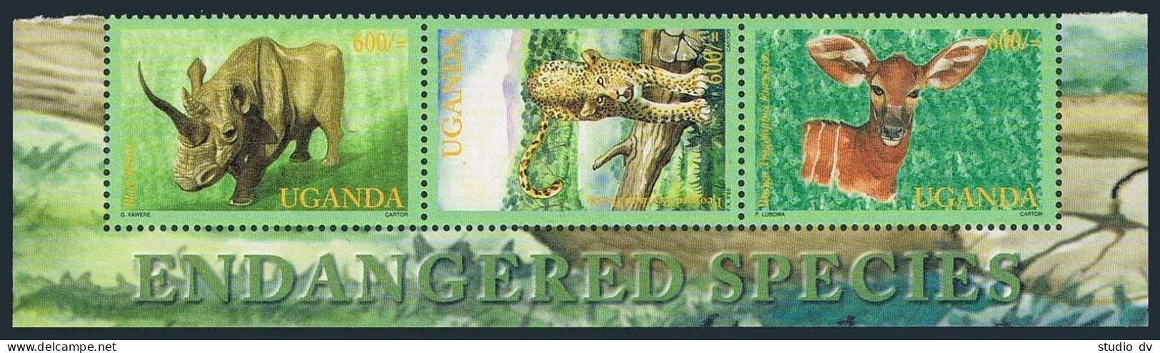 Uganda 1691 Ac Strip,1693,MNH. Wild Mammals 2001.Rhinoceros,Leopard,Gorillas. - Uganda (1962-...)