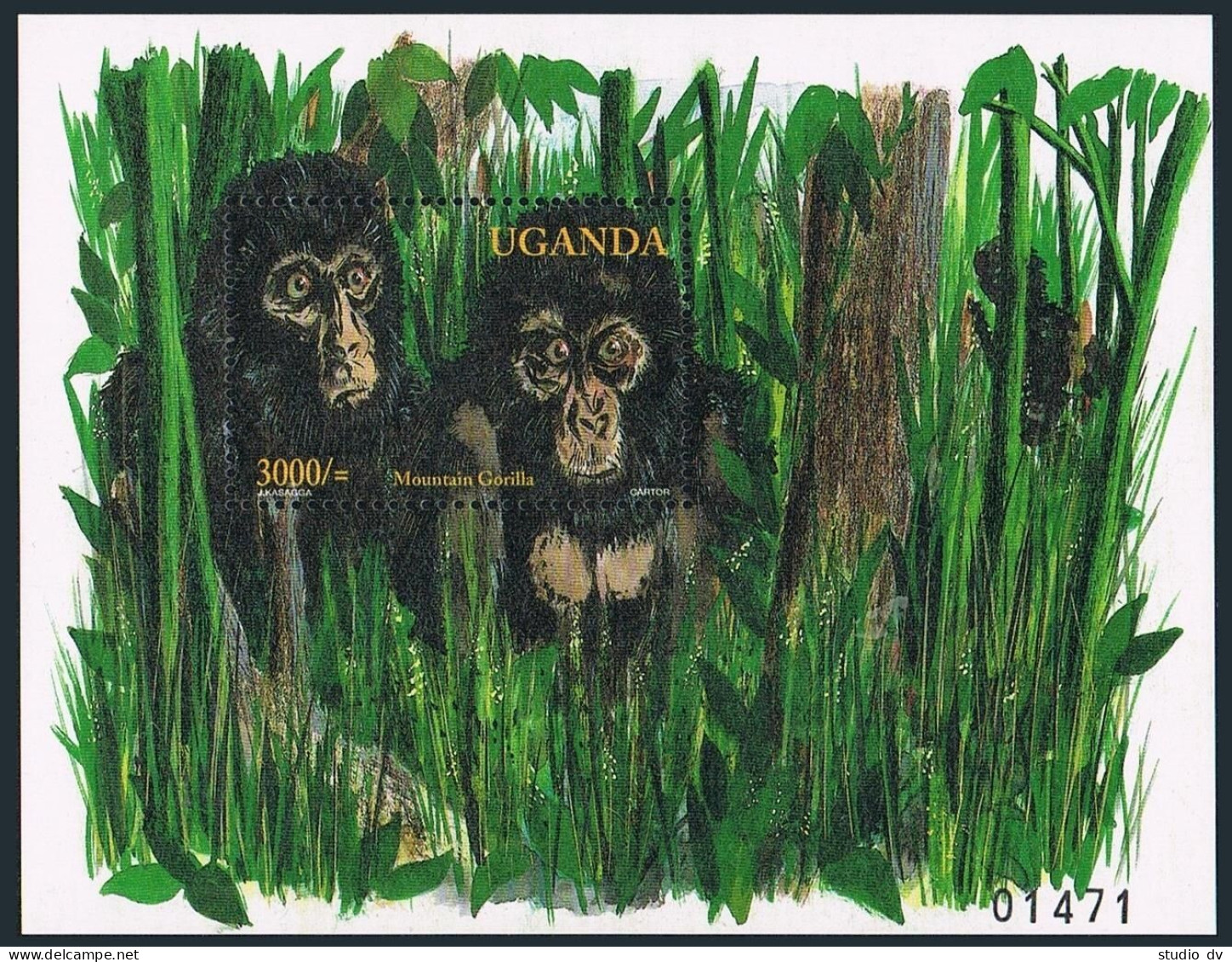 Uganda 1691 Ac Strip,1693,MNH. Wild Mammals 2001.Rhinoceros,Leopard,Gorillas. - Ouganda (1962-...)