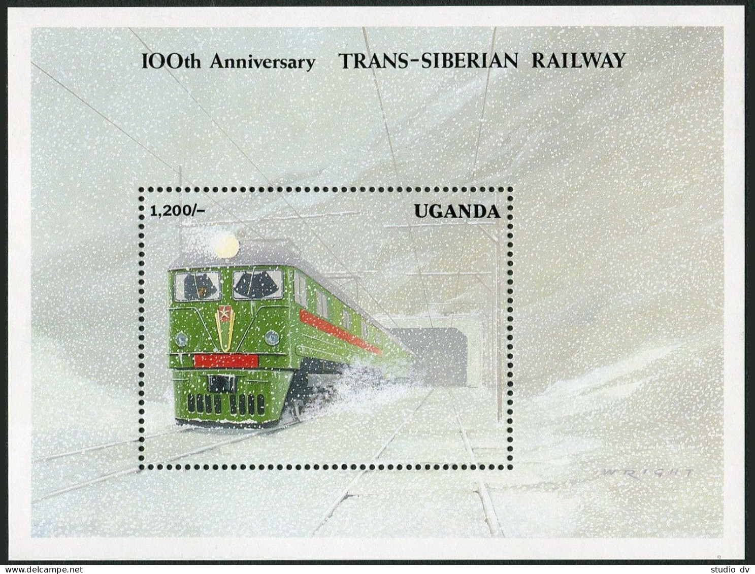 Uganda 979 Sheet,MNH.Mi Bl.155. Trans-Siberian Railway, 100, 1992. Locomotive. - Ouganda (1962-...)