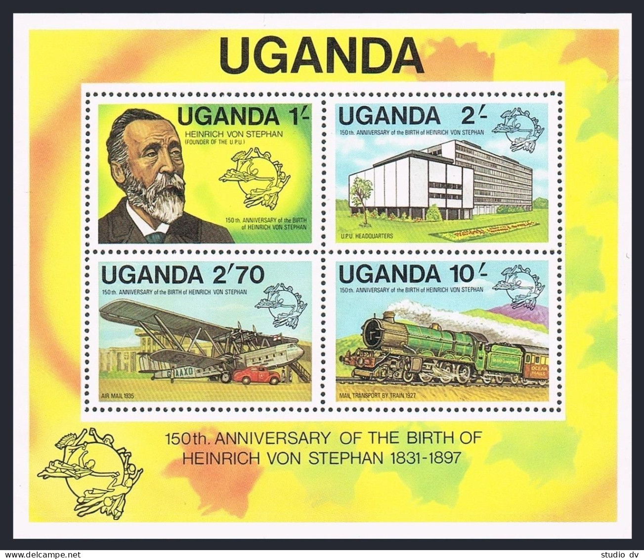 Uganda 313a Sheet,MNH.Ml Bl.26. Heinrich Von Stephan-150,1981.UPU.Airplane,Train - Uganda (1962-...)