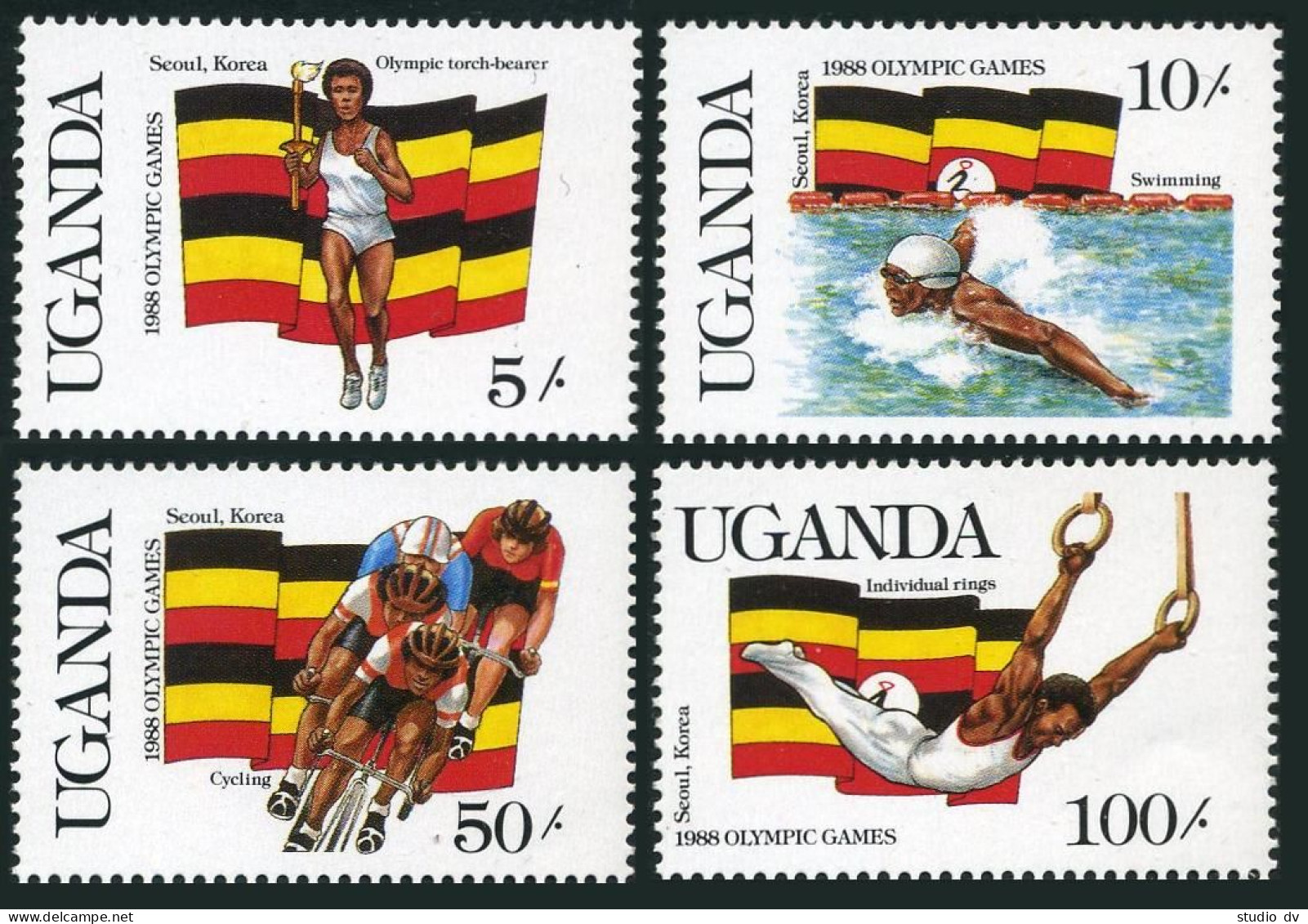 Uganda 554-557,558,MNH.Michel 534-537,Bl.70. Olympics Seoul-1988.Swimming,Boxing - Uganda (1962-...)