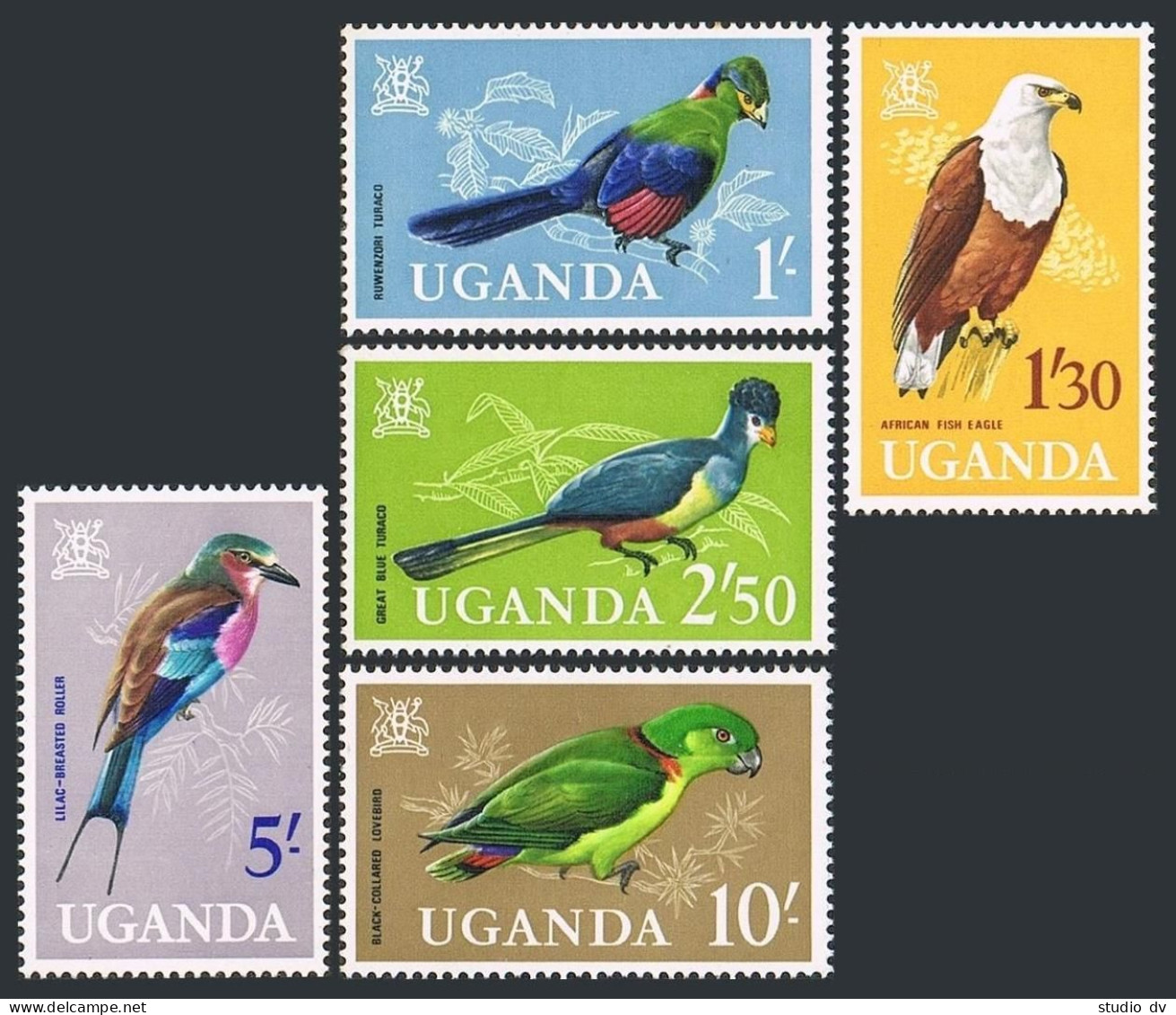 Uganda 105-109, MNH. Mi 95-99. Arms, Birds 1985. Turaco,Fish Eagle,Roller,Love. - Uganda (1962-...)