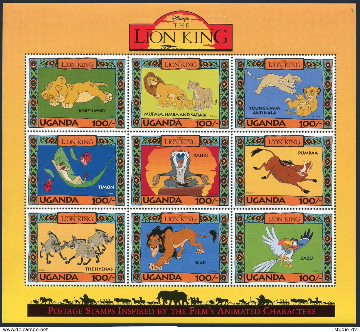 Uganda 1266 Ai Sheet,MNH-.Michel 1392-1400 Klb. Walt Disney:The Lion Kings,1994. - Uganda (1962-...)