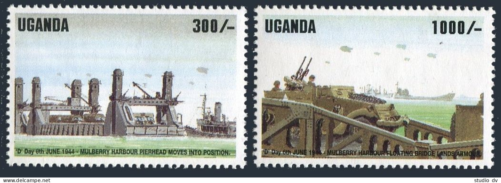 Uganda 1258-1259,1260,MNH.Mi 1380-1381,Bl.218. D-Day,50.1994.Mulberry Harbor. - Uganda (1962-...)