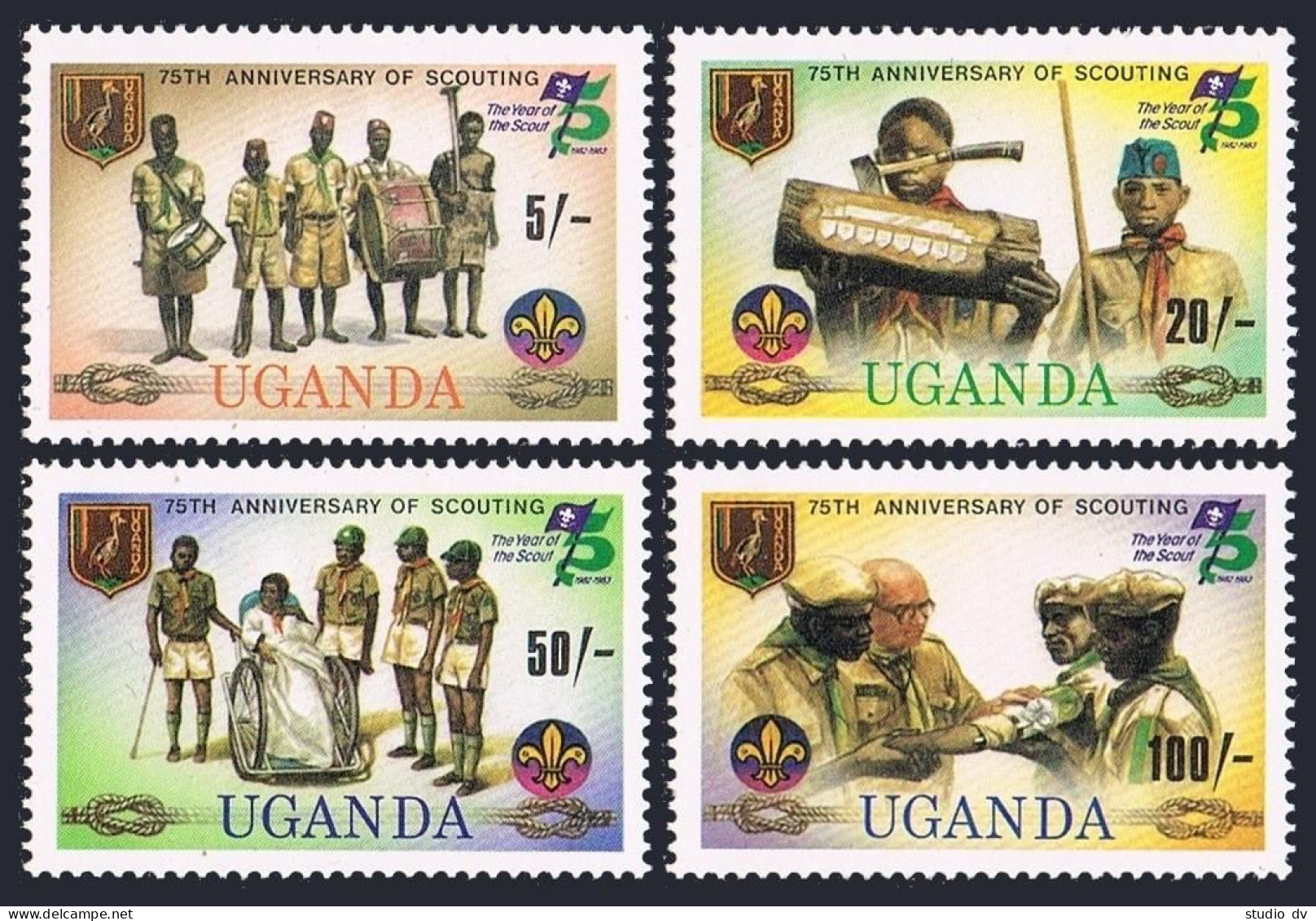 Uganda 351-354,355,MNH.Michel 338-341,Bl.36. Scouting Year 1982.Baden-Powell, - Ouganda (1962-...)