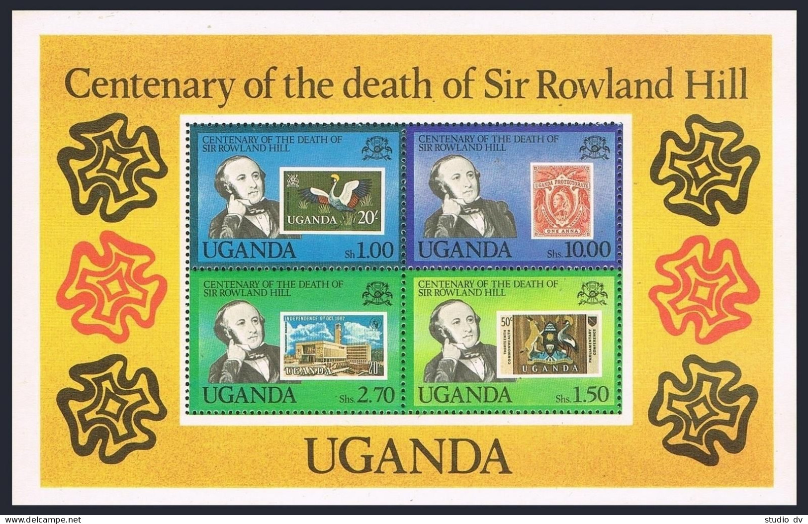 Uganda 275-278 Gutter, 278a, MNH. Mi 254-257, Bl.20. Rowland Hill, Crowned Crane - Oeganda (1962-...)