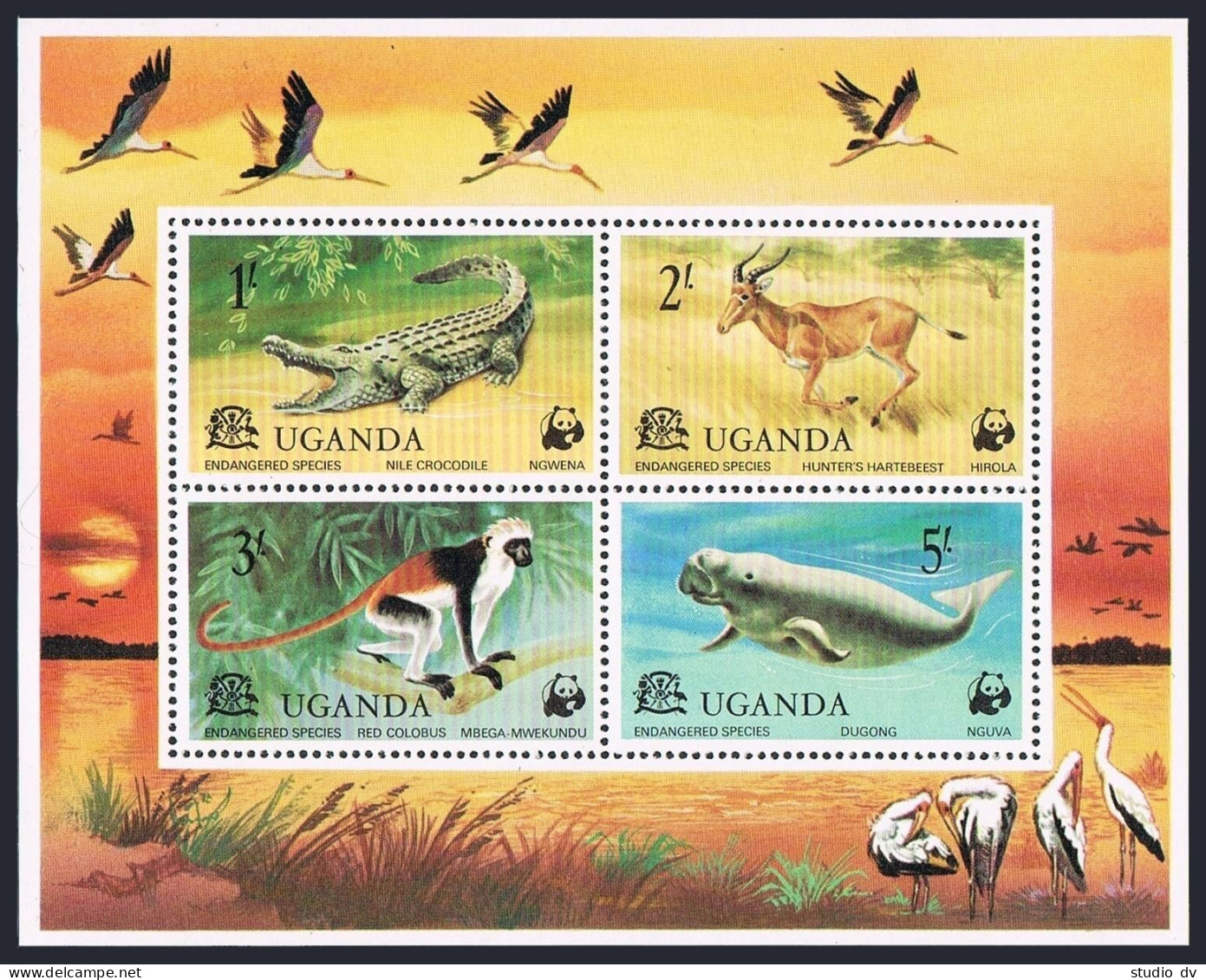 Uganda 176-180, 180a Sheet, MNH. Mi 166-170,Bl.8. WWF 1977. Endangered Species. - Ouganda (1962-...)