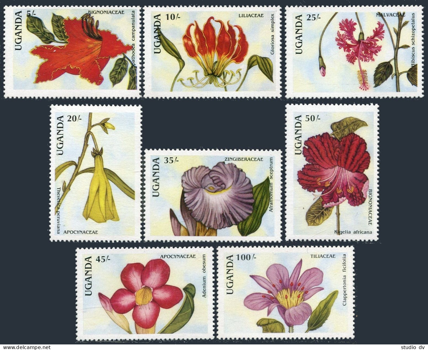 Uganda 612-619,620, MNH. Mi 592-599, 600 Bl.80. Flowers 1988. Costus Spectabiis. - Ouganda (1962-...)