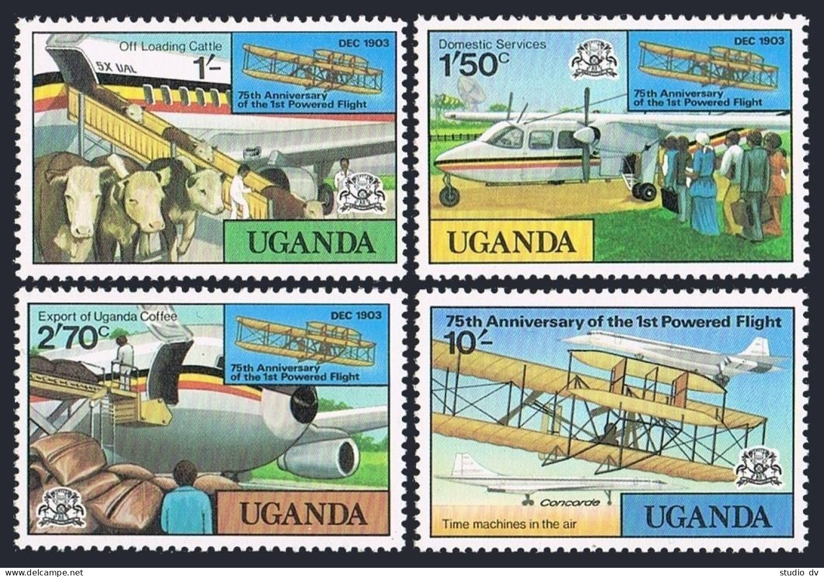 Uganda 211-214,214a,MNH.Michel 191-194,Bl.13. 1st Powered Flight-75,1978.Cattle, - Uganda (1962-...)