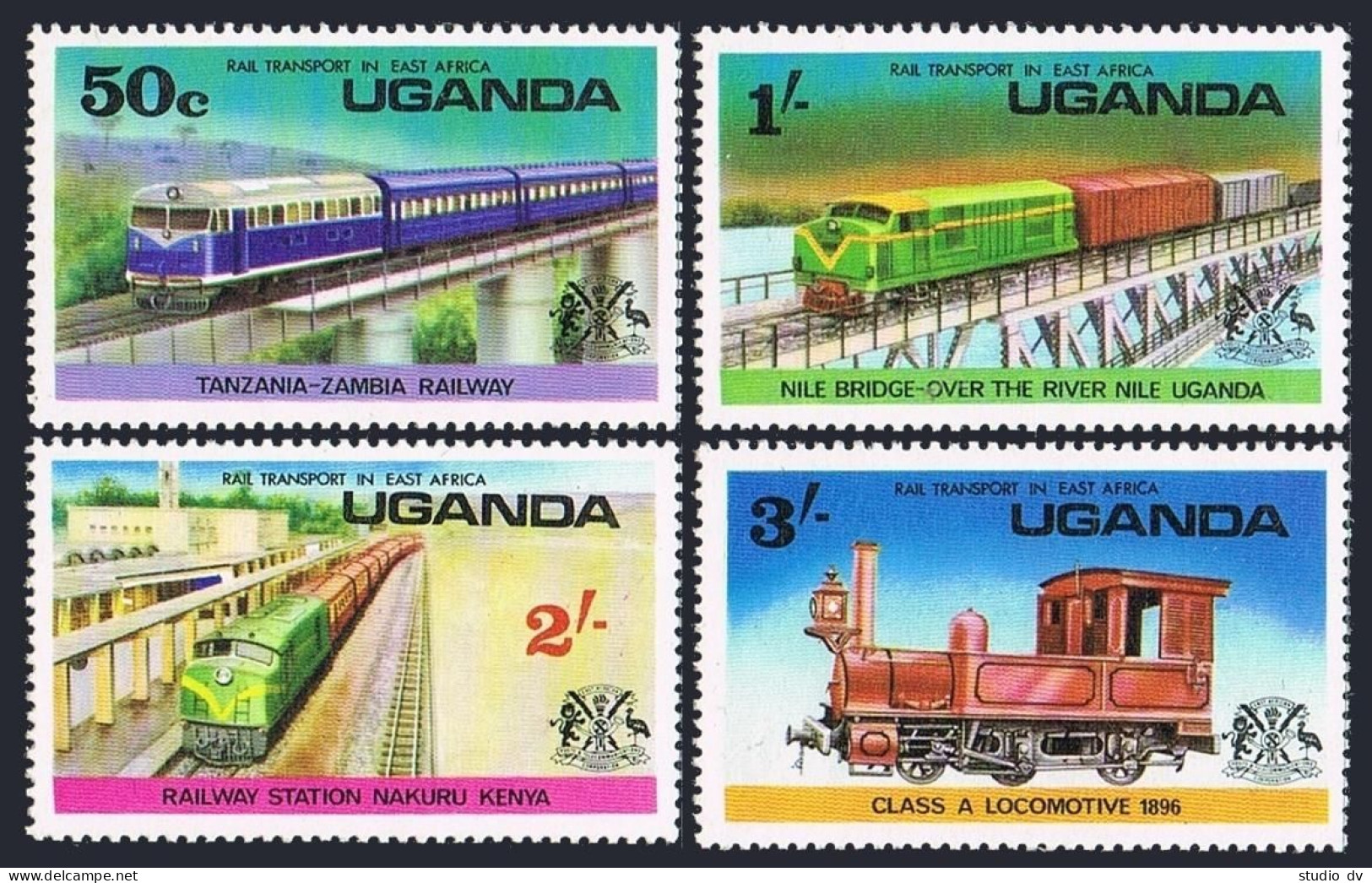 Uganda 155-158,158a,MNH.Michel 145-148,Bl.3. Railway Transport,1976.Bird,Animals - Ouganda (1962-...)