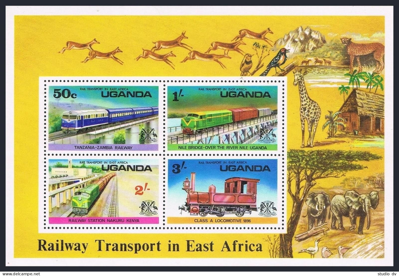 Uganda 155-158,158a,MNH.Michel 145-148,Bl.3. Railway Transport,1976.Bird,Animals - Uganda (1962-...)