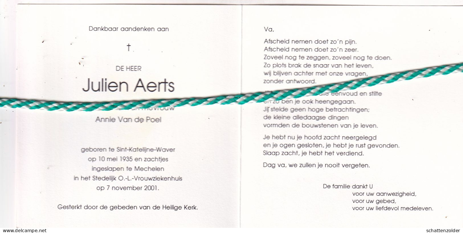 Julien Aerts-Van De Poel, Sint-Katelijne-Waver 1935, Mechelen 2001. Foto - Obituary Notices