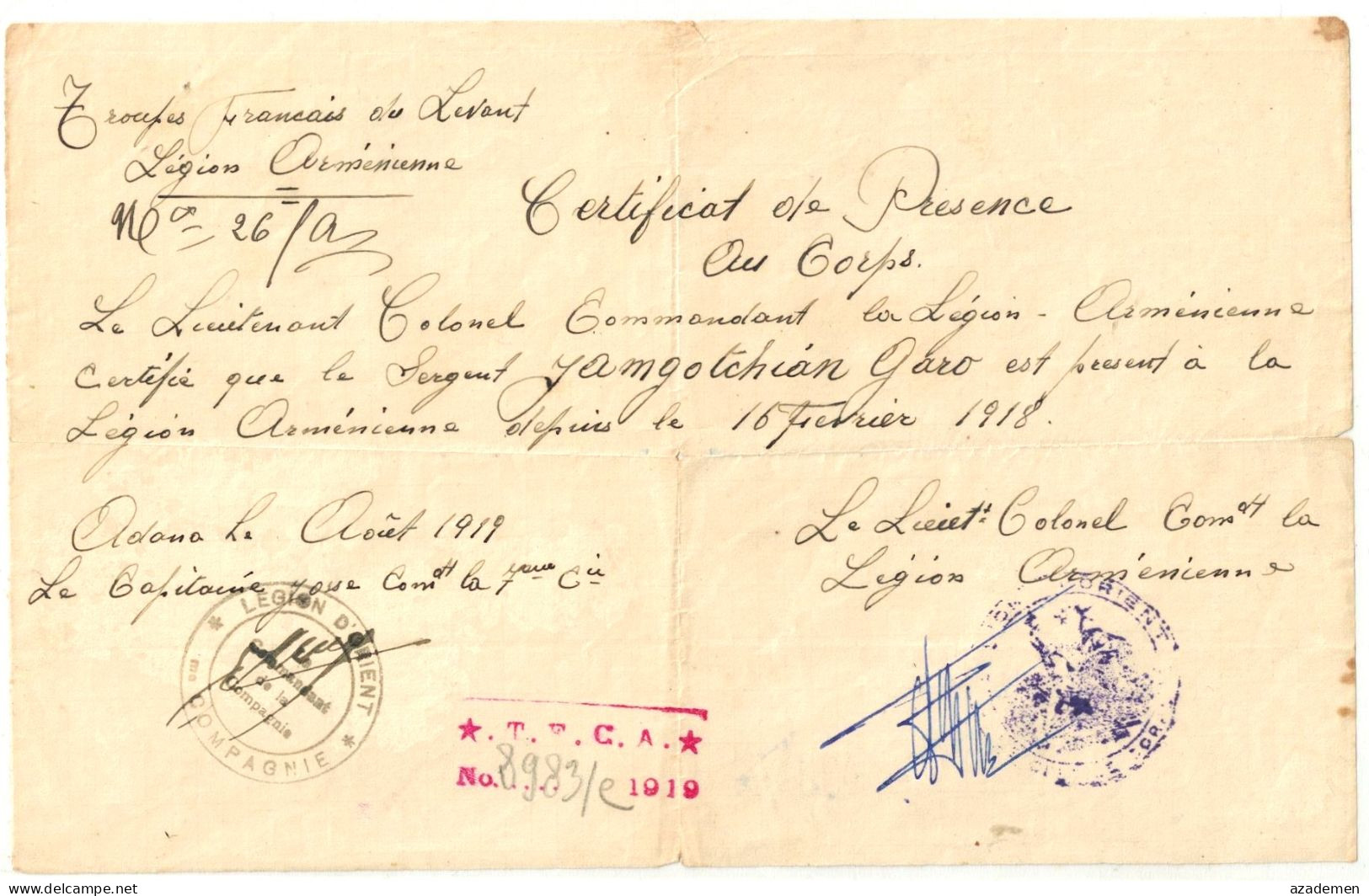 CILICIE  1919  LEGION ARMENIENNE. - Covers & Documents