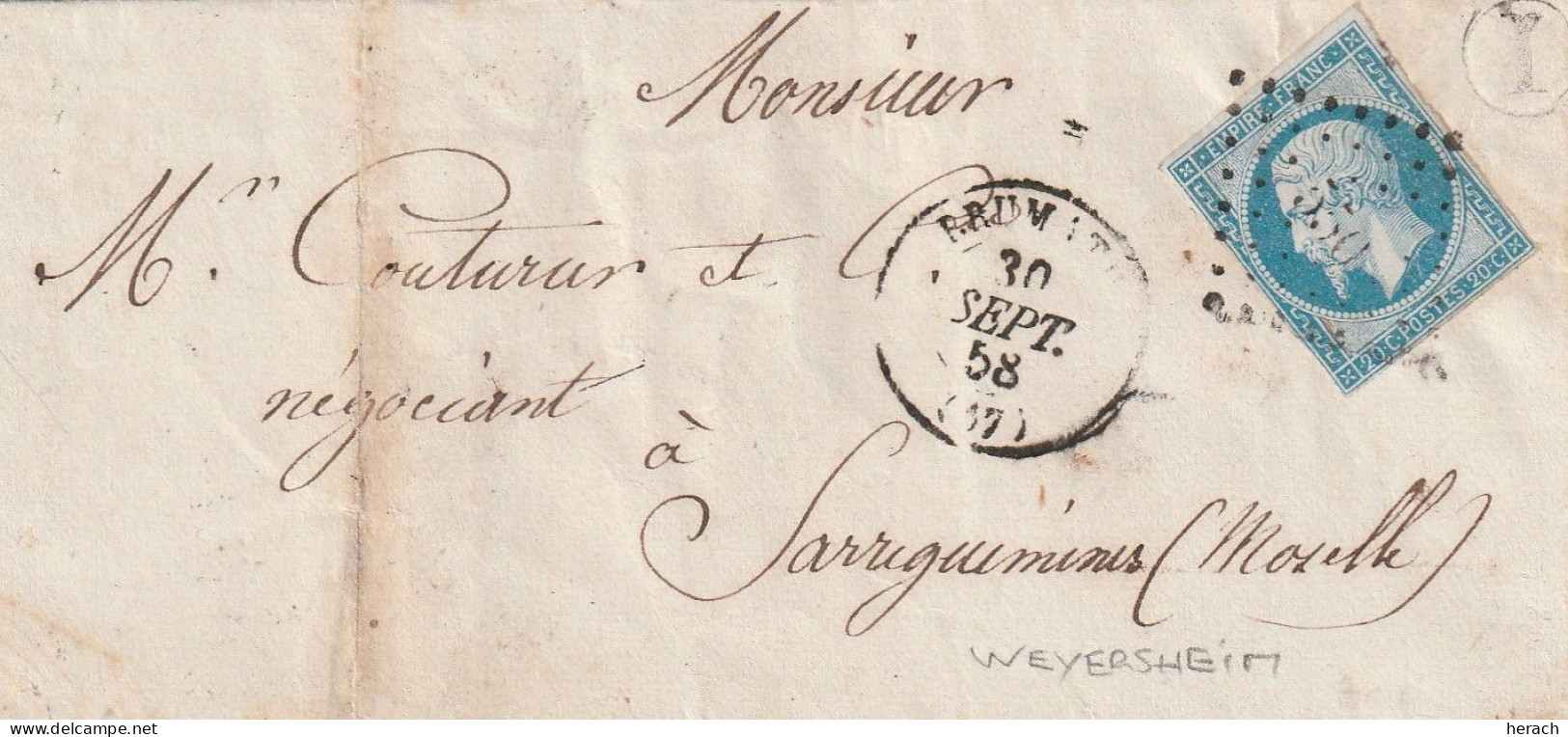 France Alsace Lettre Brumath + Boîte Rurale I = Weyersheim 1858 - Brieven En Documenten