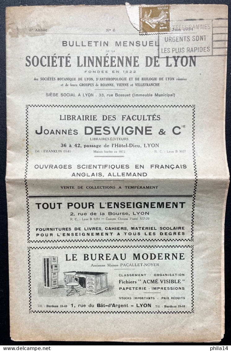 N°277A 1c OLIVE SEMEUSE SUR BULLETIN DE LA SOCIETE LINNEENNE DE LYON 1934 / NOMBREUSES PUBLICITES - 1921-1960: Modern Period