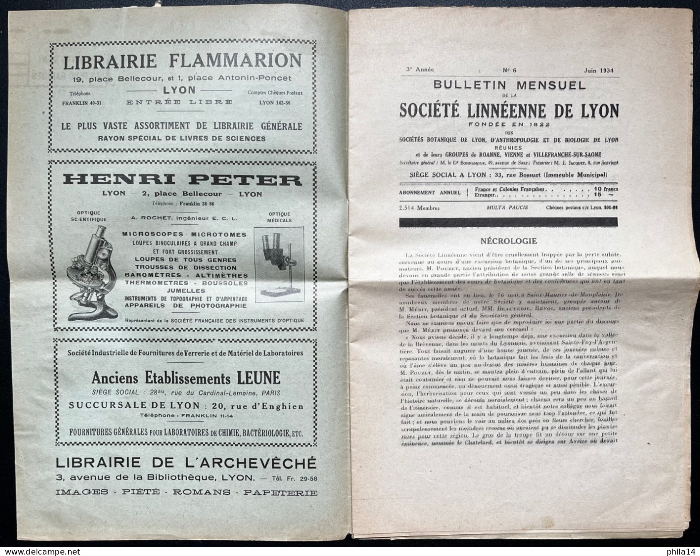 N°277A 1c OLIVE SEMEUSE SUR BULLETIN DE LA SOCIETE LINNEENNE DE LYON 1934 / NOMBREUSES PUBLICITES
