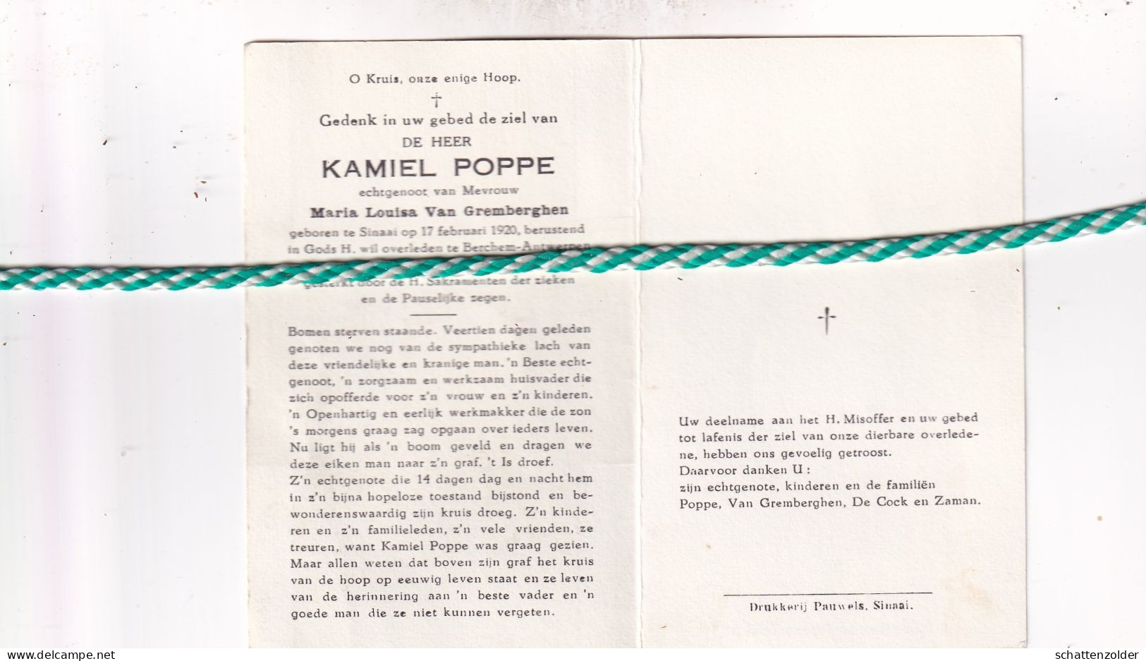 Kamiel Poppe-Van Gremberghen, Sinaai 1920, Berchem (Antwerpen) 1969 - Obituary Notices