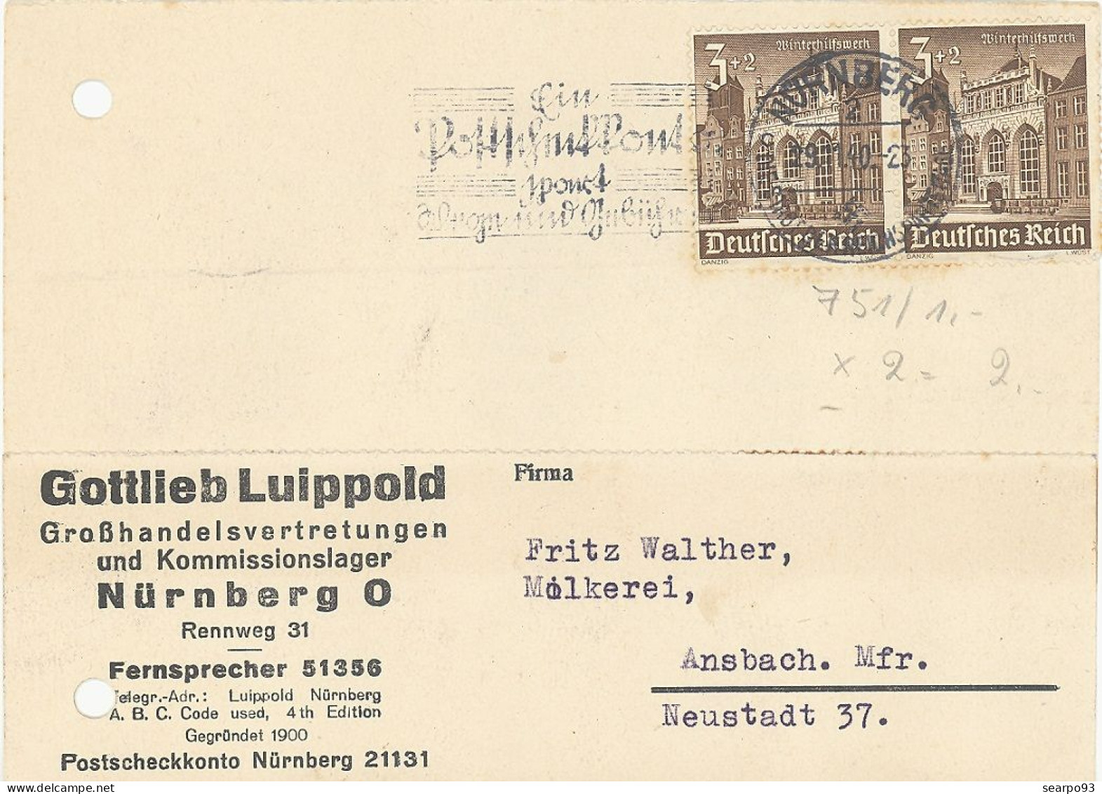 GERMANY. CARD FROM NURNBERG TO ANSBACH. 1940 - Lettres & Documents