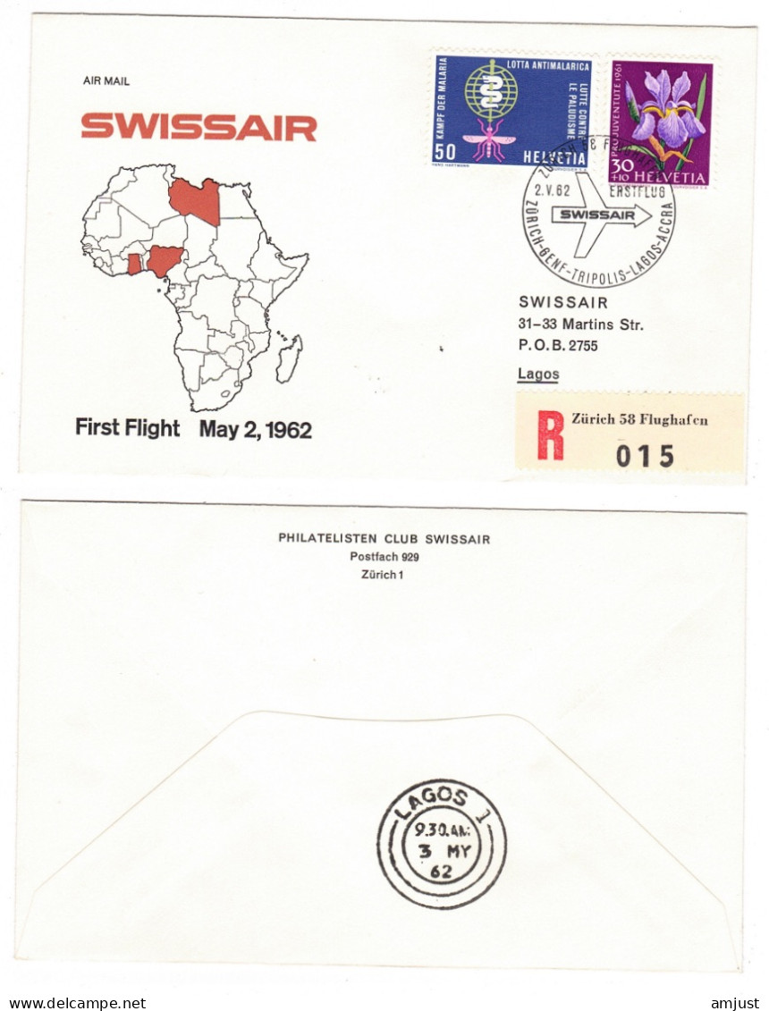 Suisse /Schweiz // Poste Aérienne // 1962 // Vol Zurich-Lagos 2.5.1962  (RF62.14.a) - First Flight Covers