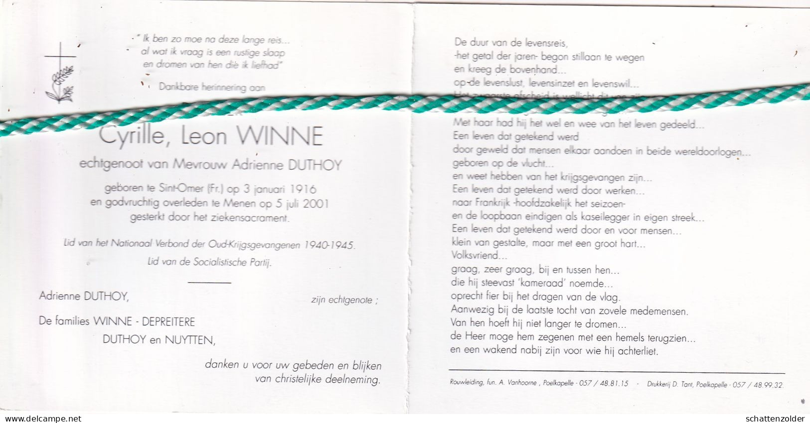 Cyrille Leon Winne-Duthoy, Sint-Omer (Fr) 1916, Menen 2001. Foto - Obituary Notices
