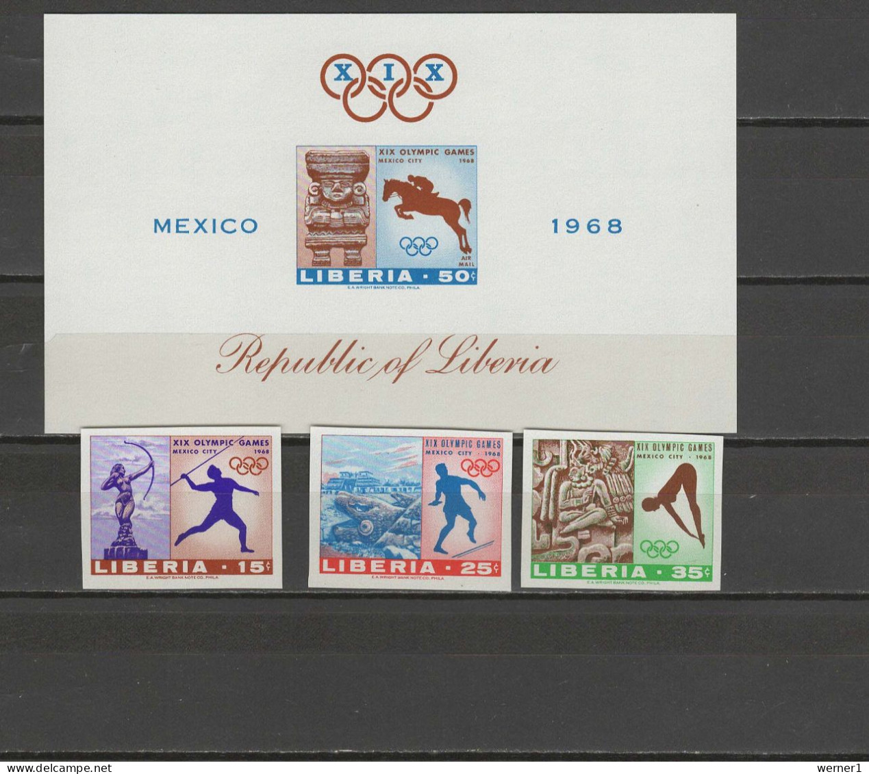 Liberia 1968 Olympic Games Mexico, Equestrian, Javelin, Athletics, High Jump Set Of 3 + S/s Imperf. MNH -scarce- - Ete 1968: Mexico
