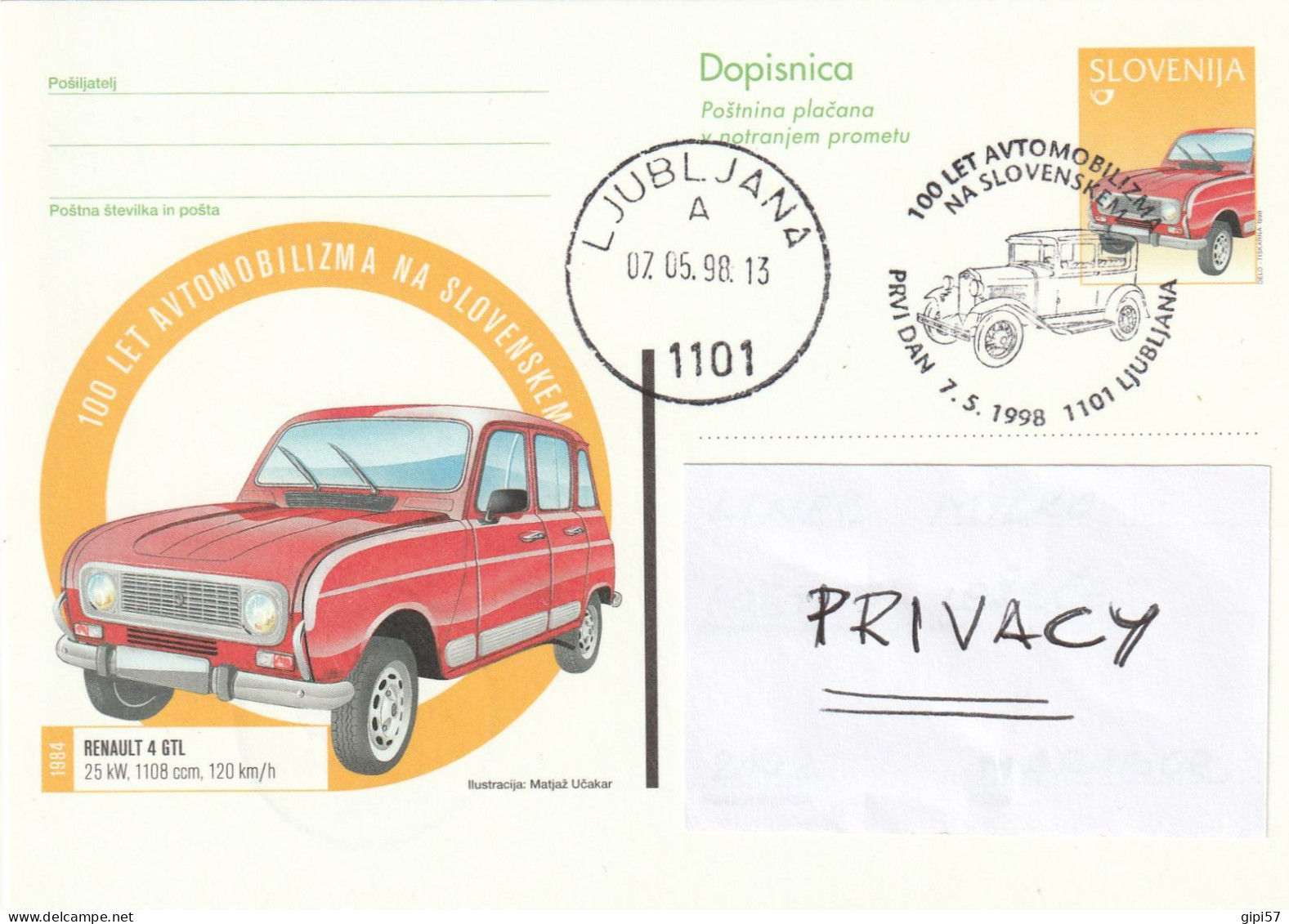 1998 COMPLETE SET 8 POSTCARD CARS IN SLOVENIJA. RENAULT CLIO, 4 GTL, CITROEN 2CV, VW 1200, FIAT 600. SPECIAL CANCEL - Slovenia