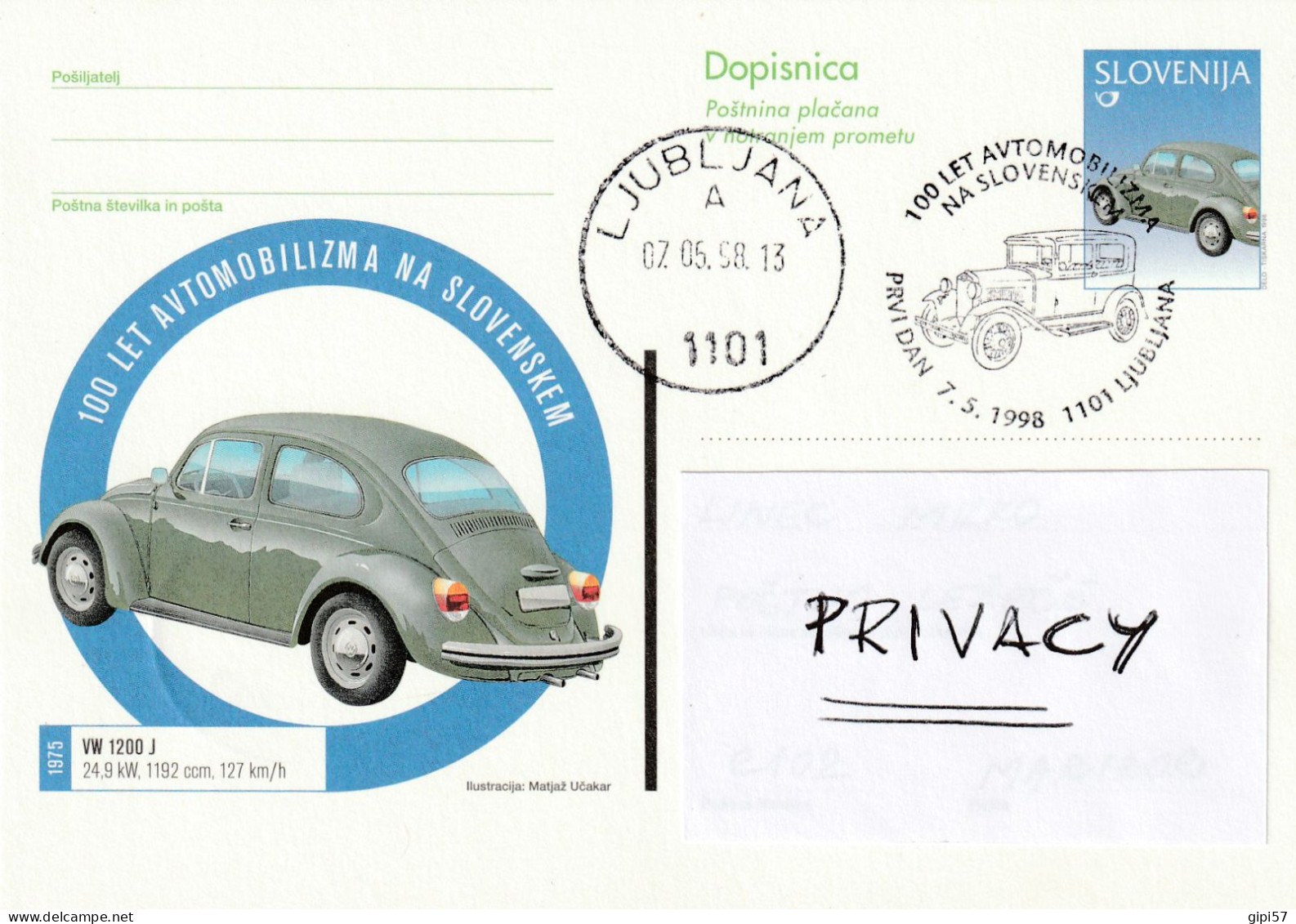 1998 COMPLETE SET 8 POSTCARD CARS IN SLOVENIJA. RENAULT CLIO, 4 GTL, CITROEN 2CV, VW 1200, FIAT 600. SPECIAL CANCEL - Slovénie