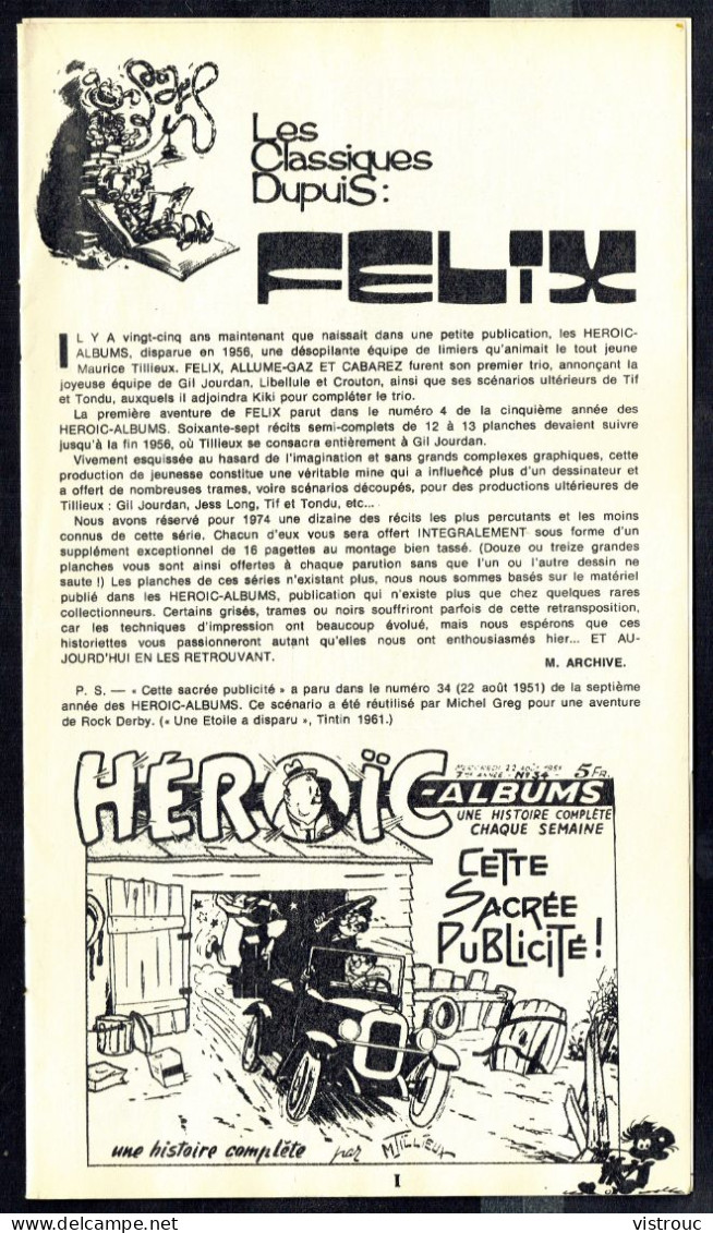 "FELIX: Cette Sacrée Publicité !" De M. TILLIEUX - Supplément à Spirou - Classiques DUPUIS - 1973. - Spirou Magazine