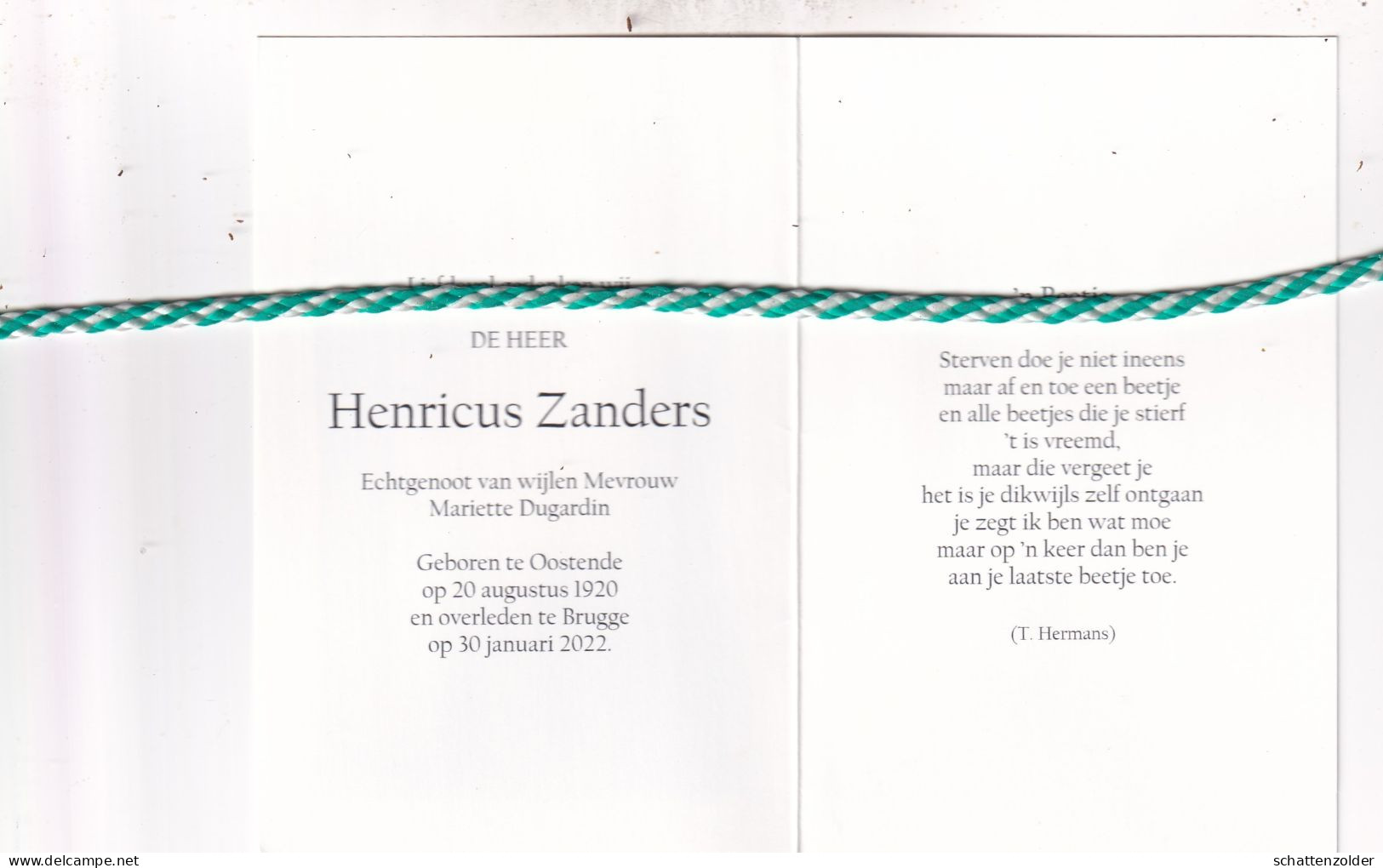 Henricus Zanders-Dugardin, Oostende 1920, Brugge 2022. Honderdjarige. Foto - Obituary Notices