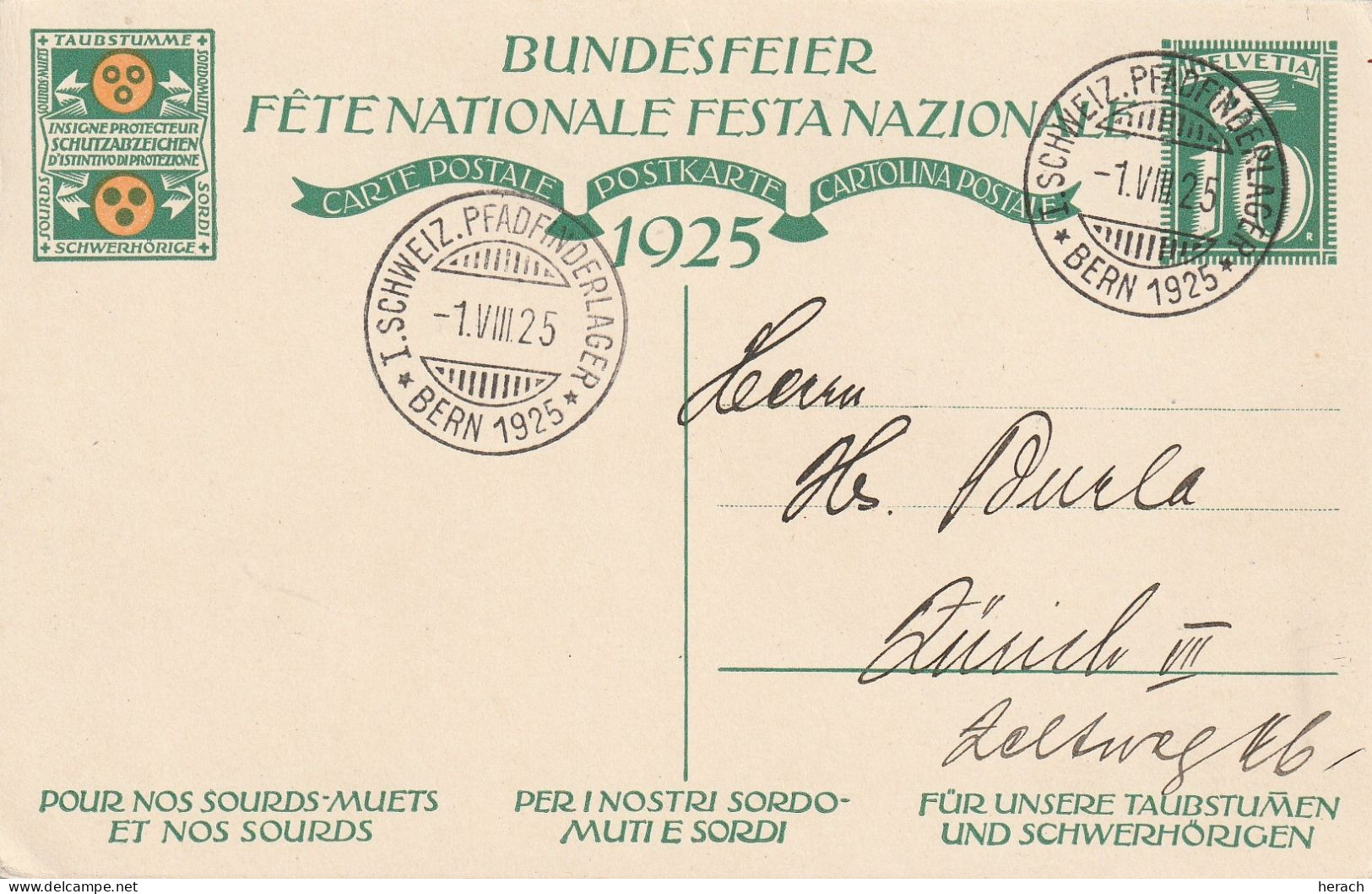 Suisse Cachet Pfadfinderlager Bern 1925 Entier Postal Illustré - Entiers Postaux
