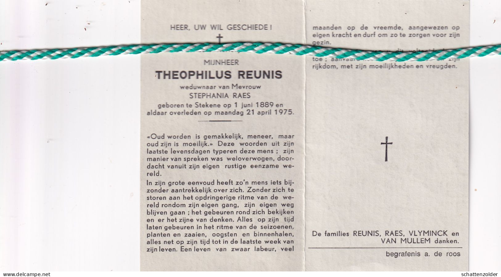 Theophilus Reunis-Raes, Stekene 1889, 1975 - Décès