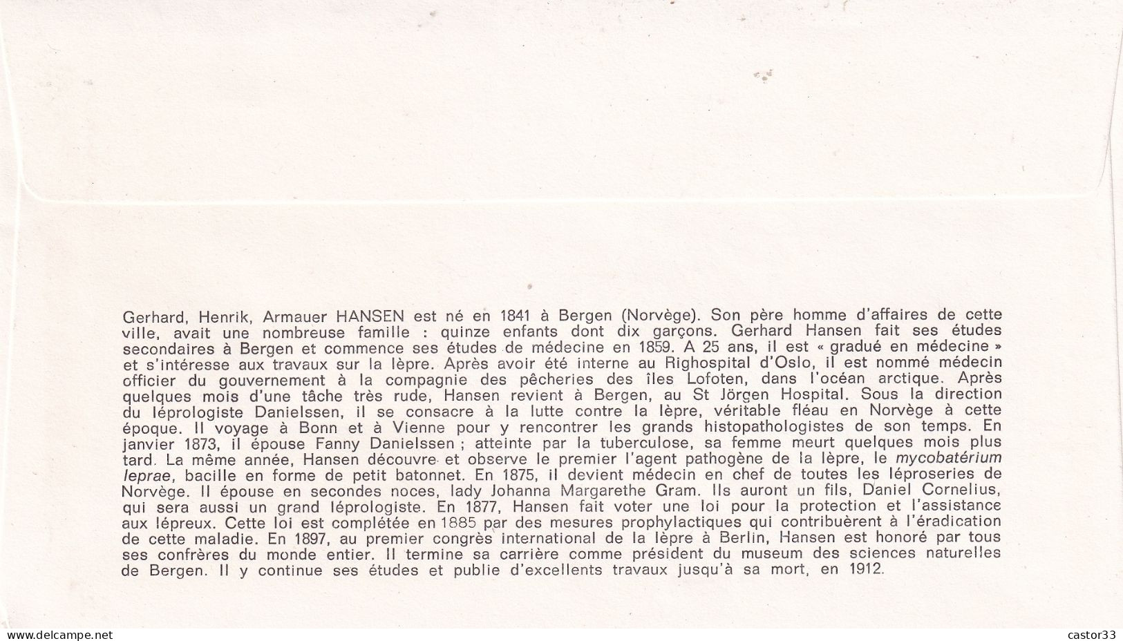 1er Jour, Centenaire De La Découverte Du Bacille De Hansen - 1970-1979