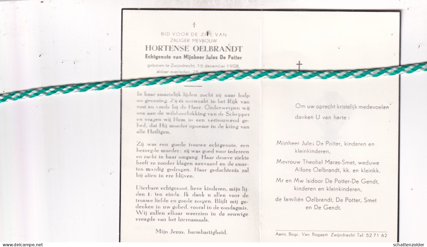Hortense Oelbrandt-De Potter, Zwijndrecht 1908, 1962 - Obituary Notices