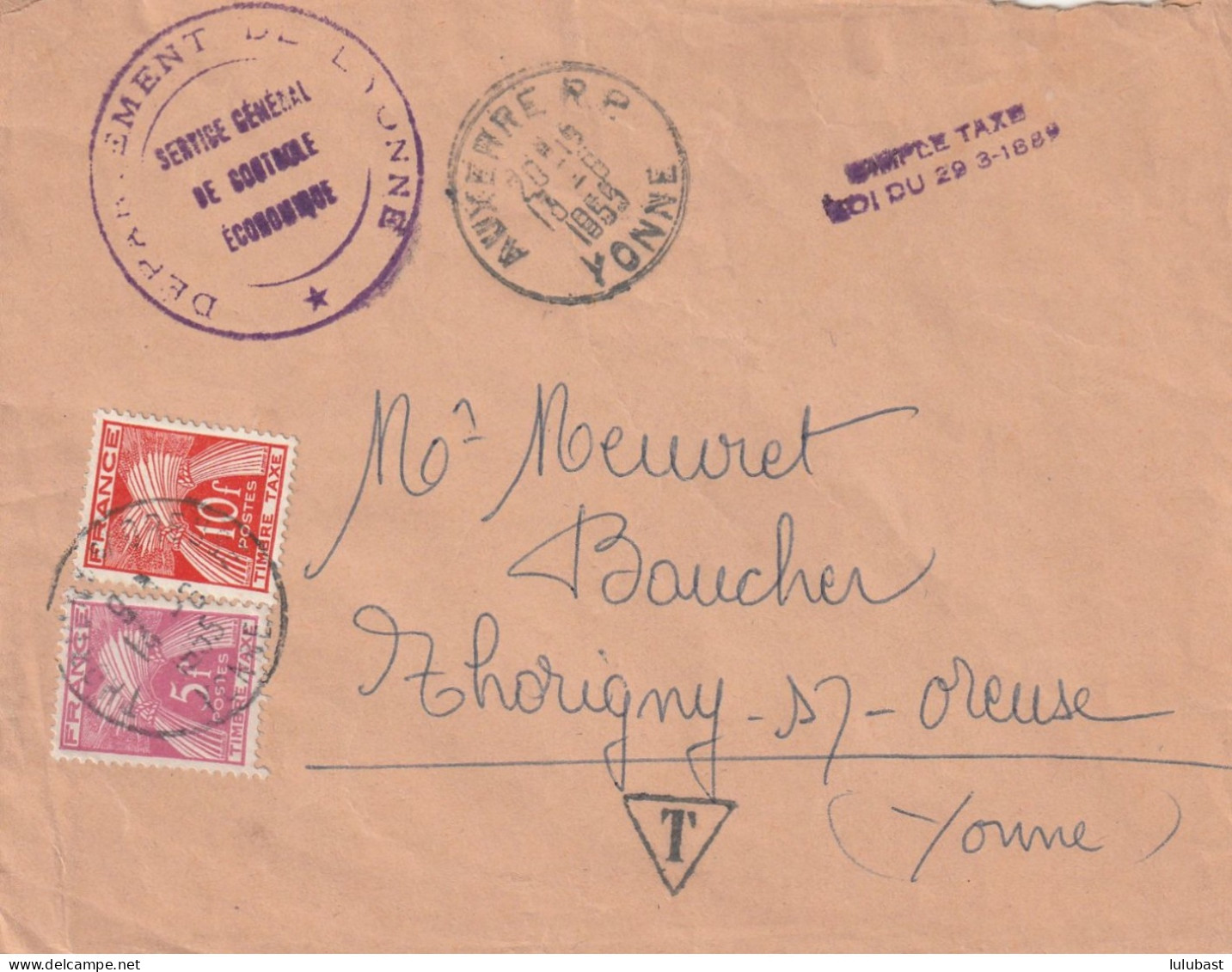 Lettre. D'AUXERRE (Yonne) Taxée à 15F. - Cachet Linéaire " Petites Lettres " Pour Thorigny Sur Oreuse. (Yonne) - 1859-1959 Covers & Documents