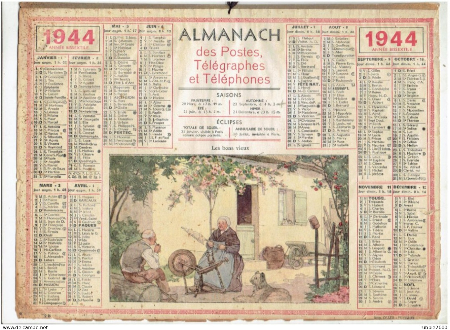 CALENDRIER OLLER 1944 ALMANACH DES POSTES TELEGRAPHES ET TELEPHONES - Grand Format : 1941-60